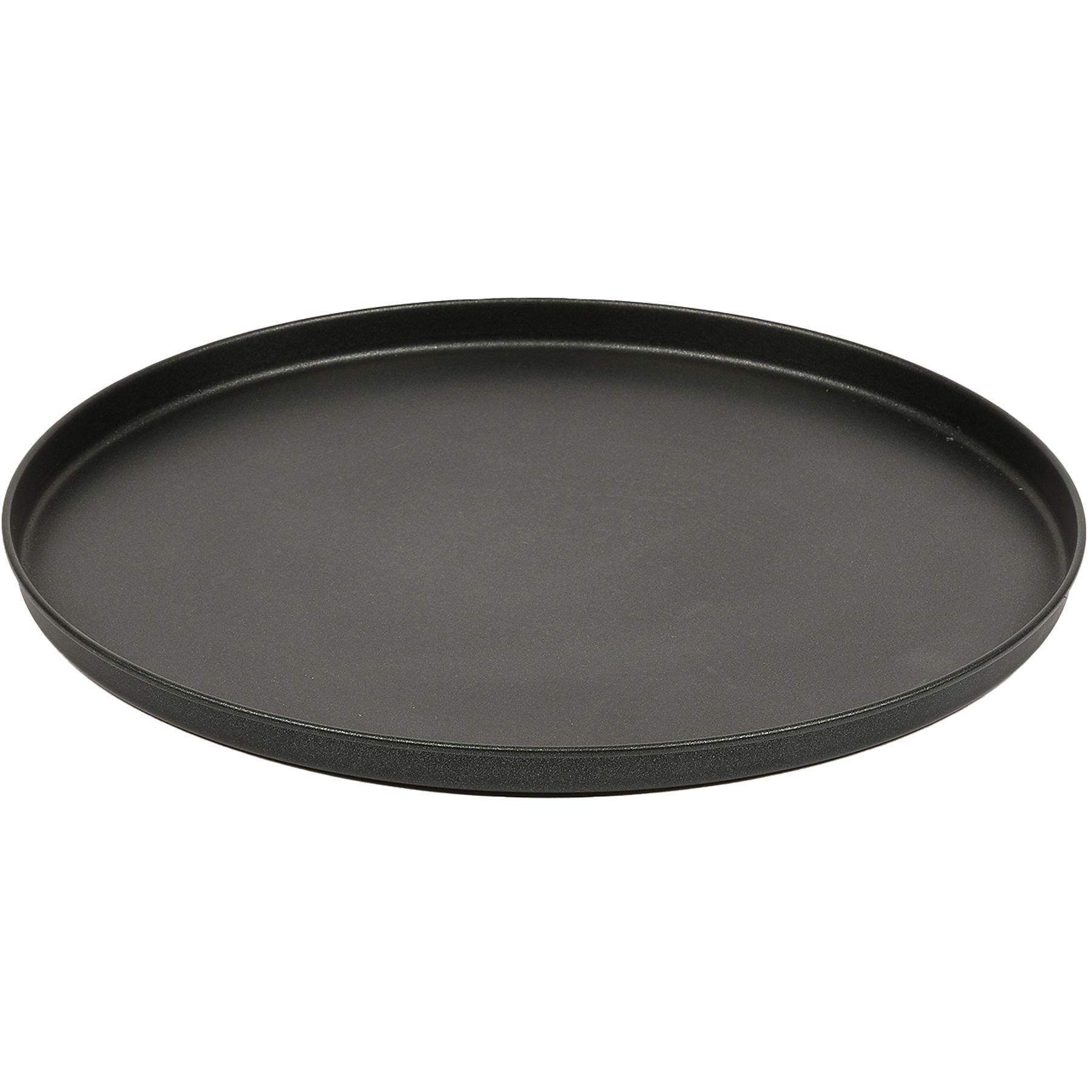Una bandeja para pizza negra y redonda con un borde ligeramente elevado, vista sobre un fondo blanco.