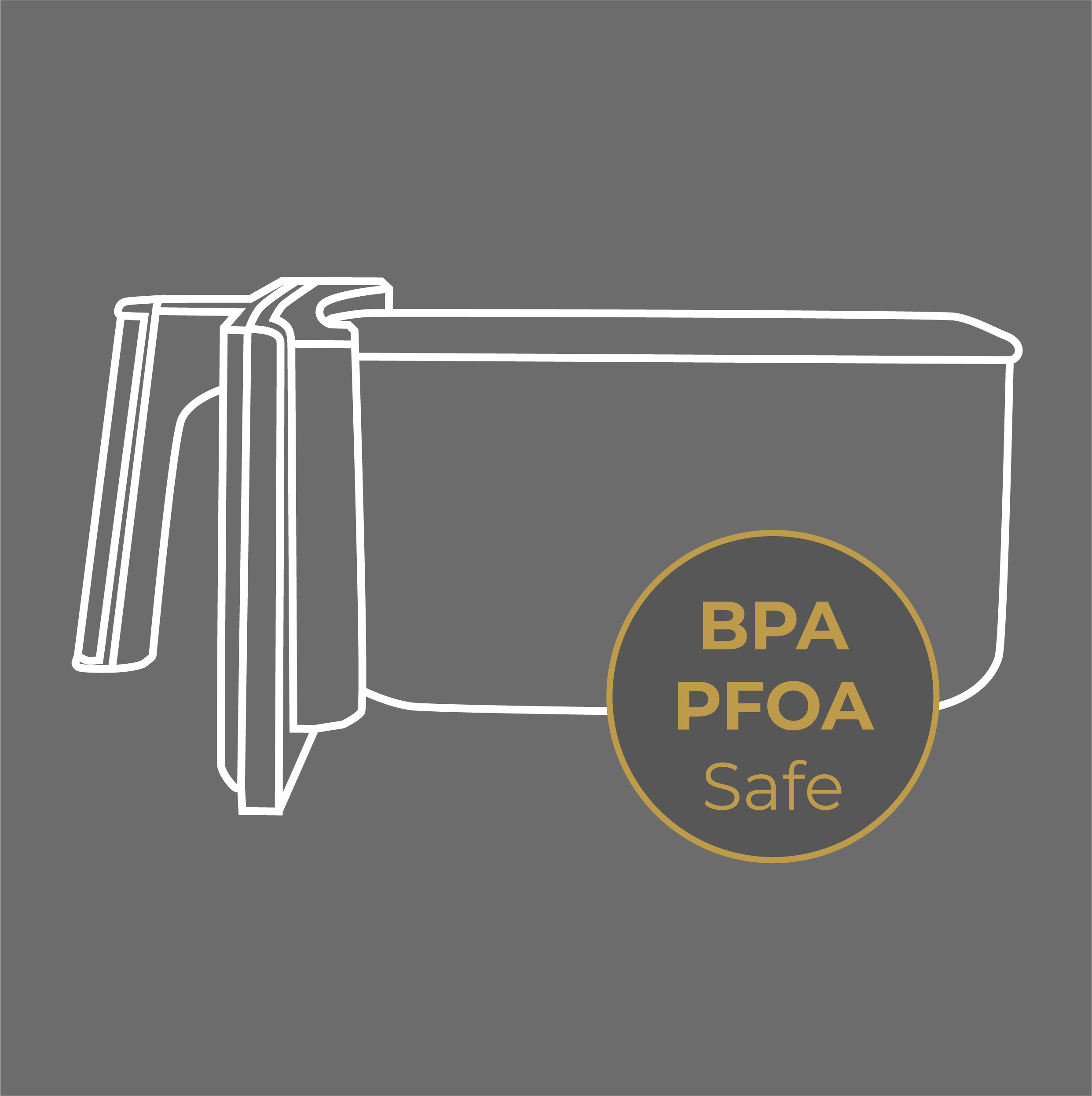 Rysunek liniowy prostokątnego pojemnika z uchwytami, z etykietą BPA PFOA Safe.