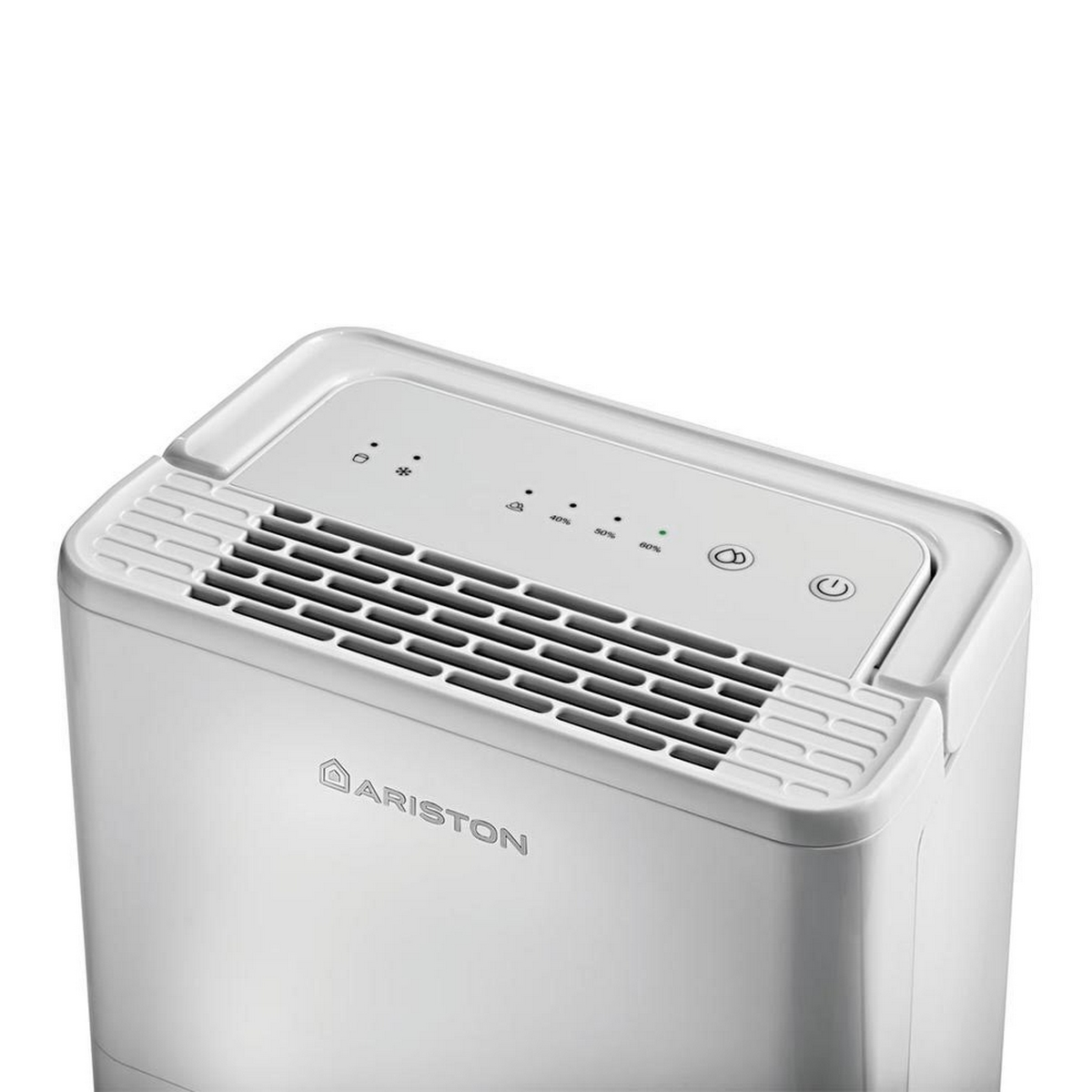 Biały osuszacz powietrza Ariston. Widok z góry pokazuje wentylację, panel sterowania z przyciskami i logo Ariston.