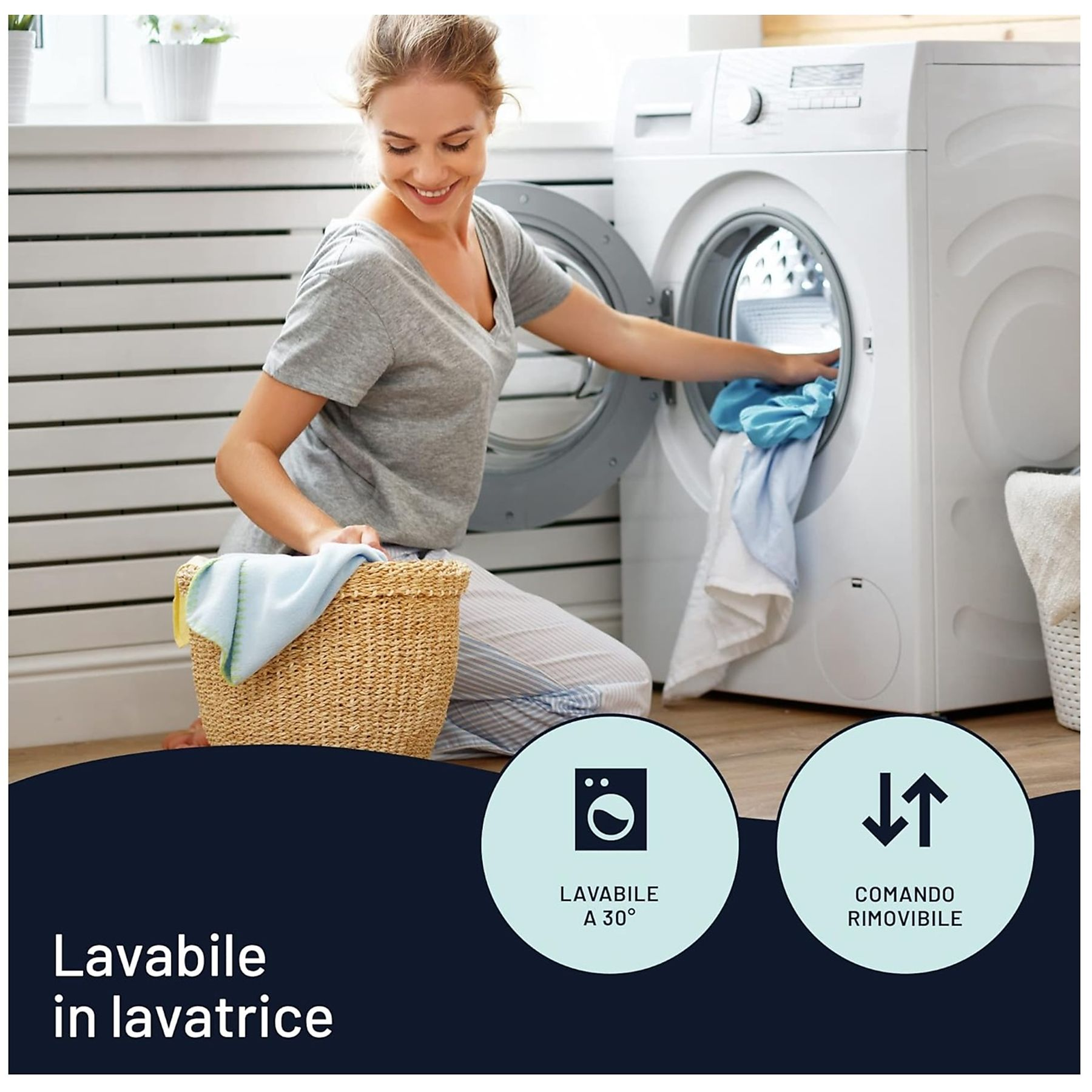 Kobieta wkłada ubrania do pralki, tekst i ikony.