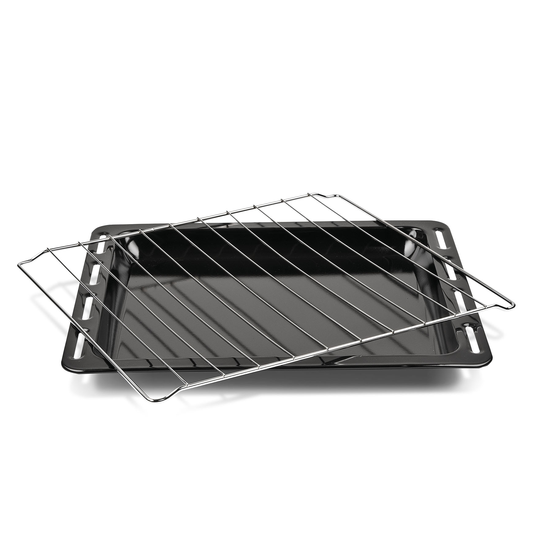Teglia da forno nera e una griglia cromata.