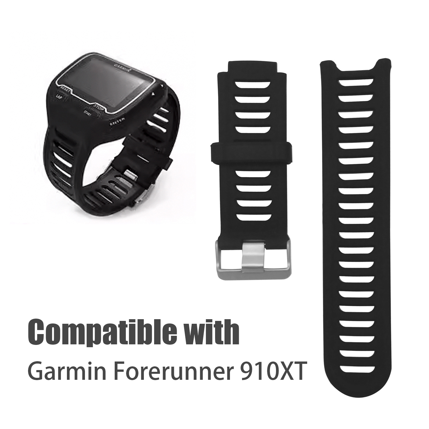 Czarny zegarek sportowy z czarnymi paskami, z logo Garmin.