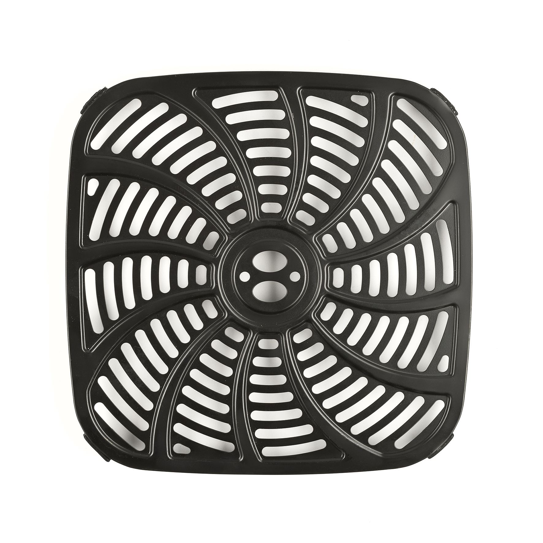 Czarny kosz do frytkownicy powietrznej z wzorem kratki i białym tłem.
