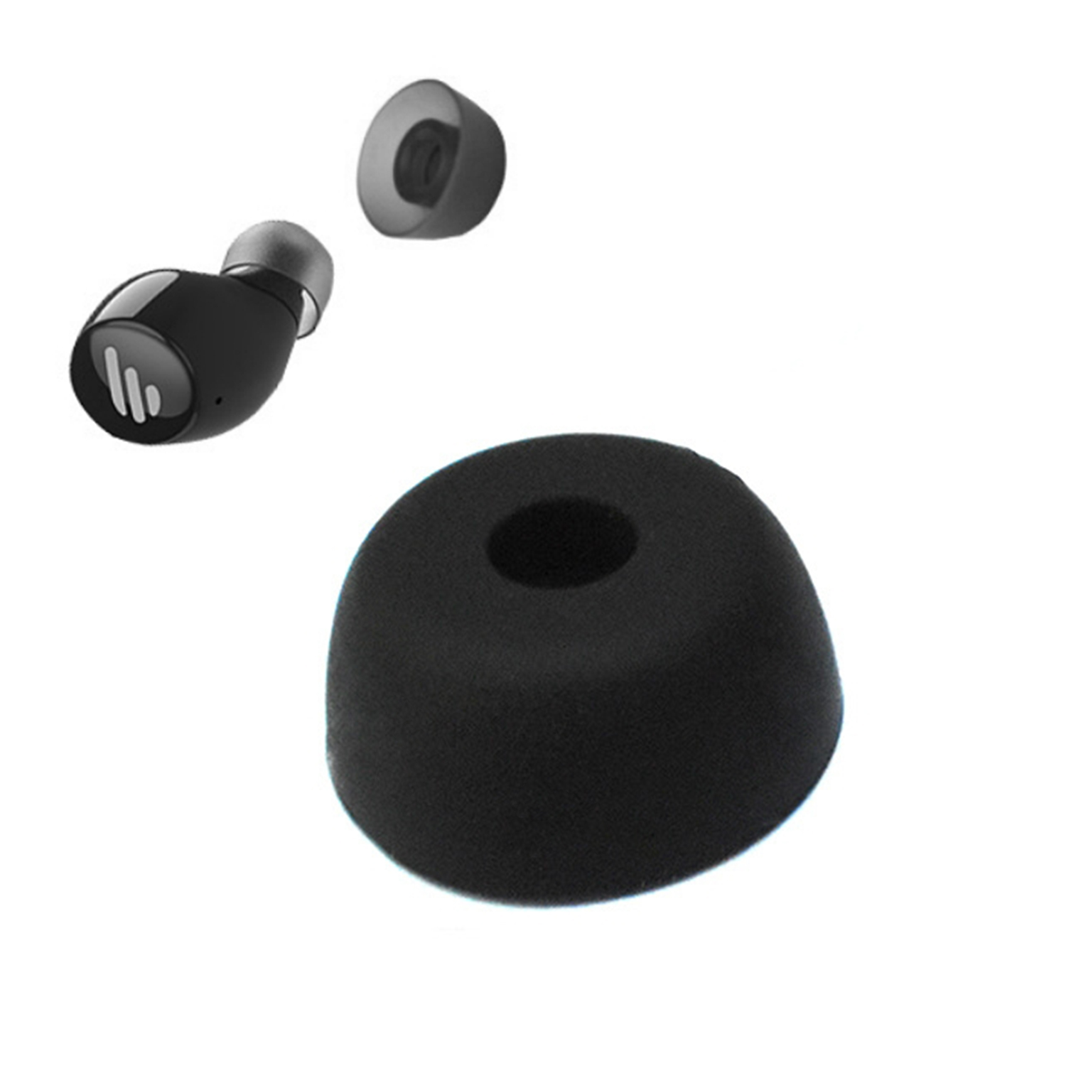 Czarne słuchawki douszne z oddzielną słuchawką i czarną piankową końcówką douszną na białym tle.