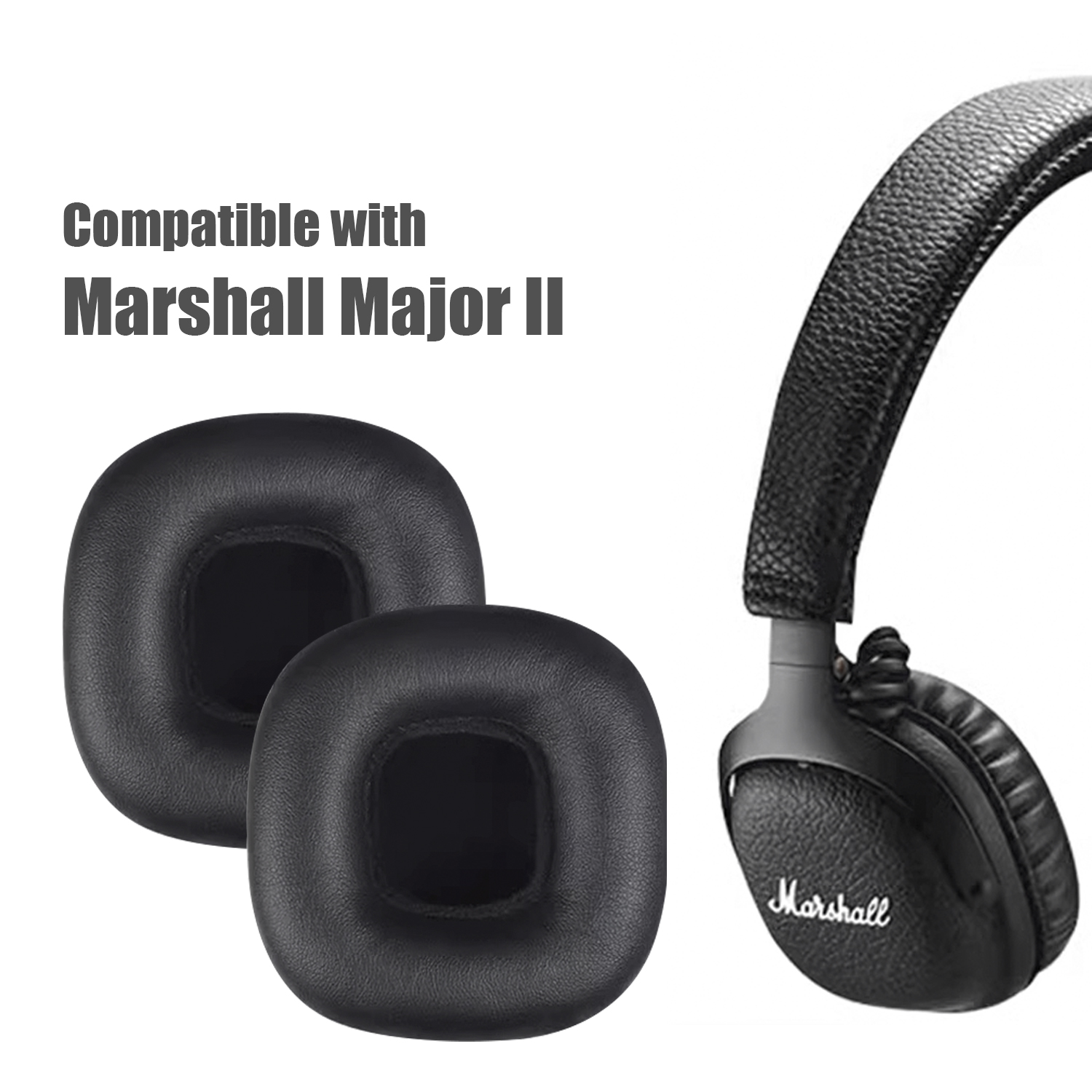 Cuscinetti auricolari neri e una cuffia Marshall su sfondo bianco.