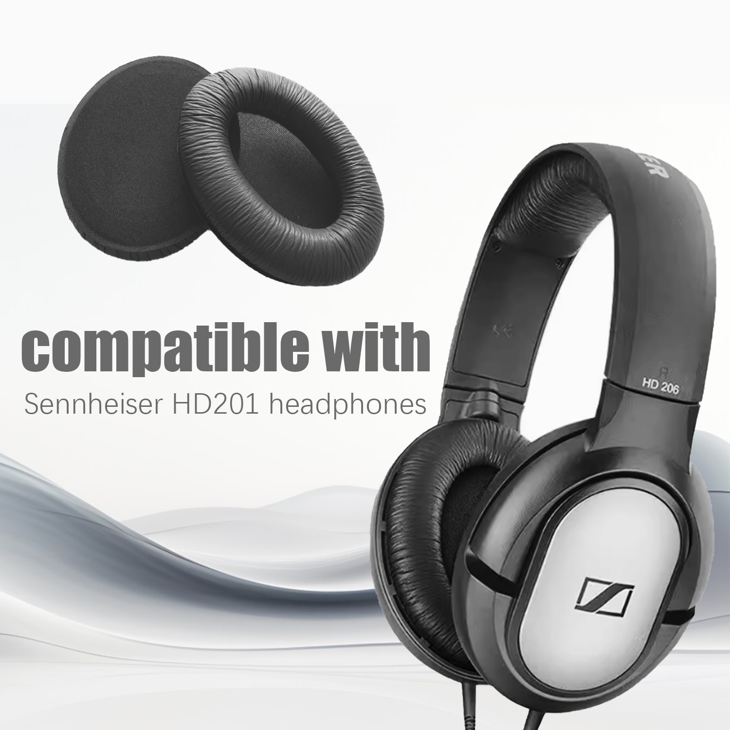 Kopfhörer mit Ersatz-Ohrpolstern. Text: 'kompatibel mit Sennheiser HD201 Kopfhörern'.