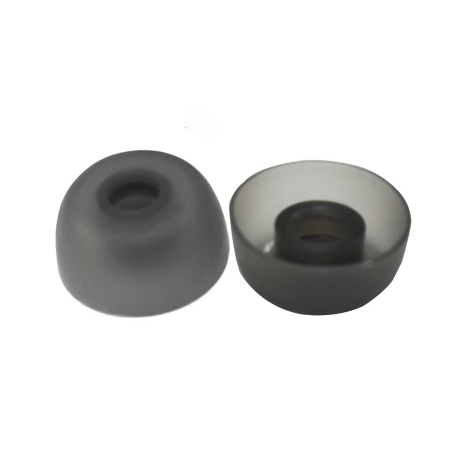 Dwie szare silikonowe wkładki douszne, jedna pokazująca bok, a druga wnętrze.