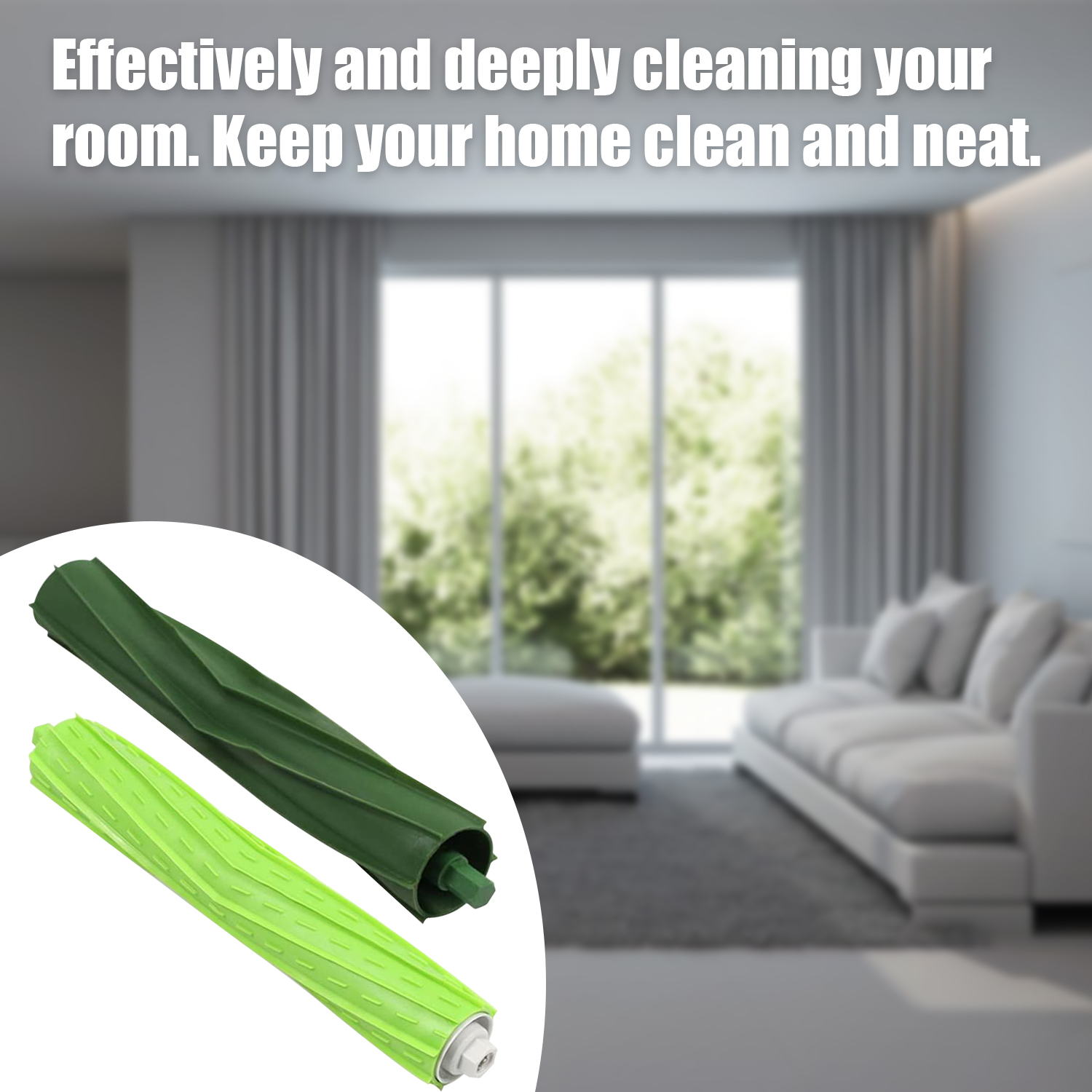 Zielone i jasnozielone szczotki rolkowe do odkurzacza, z tekstem o czyszczeniu i oknie.
