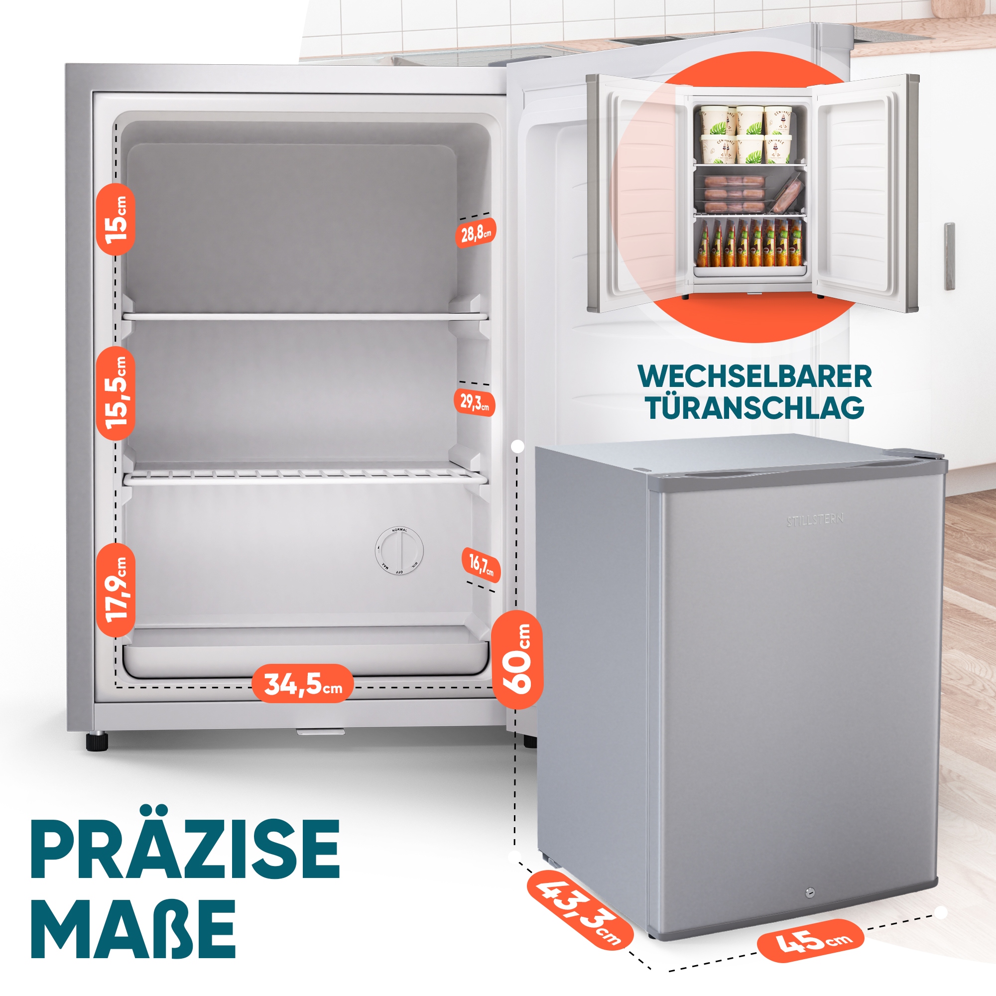 Silberner Mini-Kühlschrank, offen, um Regale und Inhalt zu zeigen.