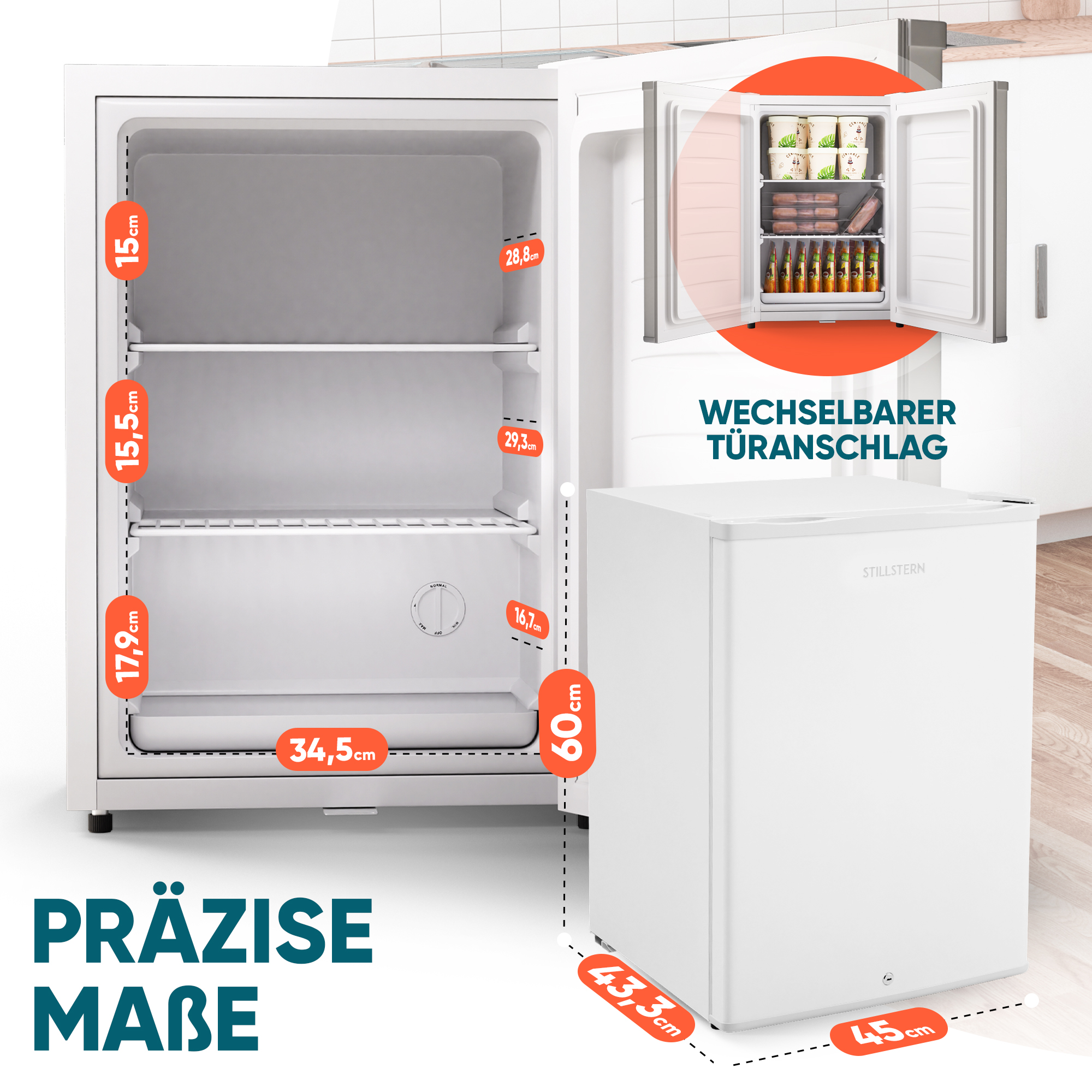 Weißer Mini-Kühlschrank, offen, um Regale und Inhalt zu zeigen.