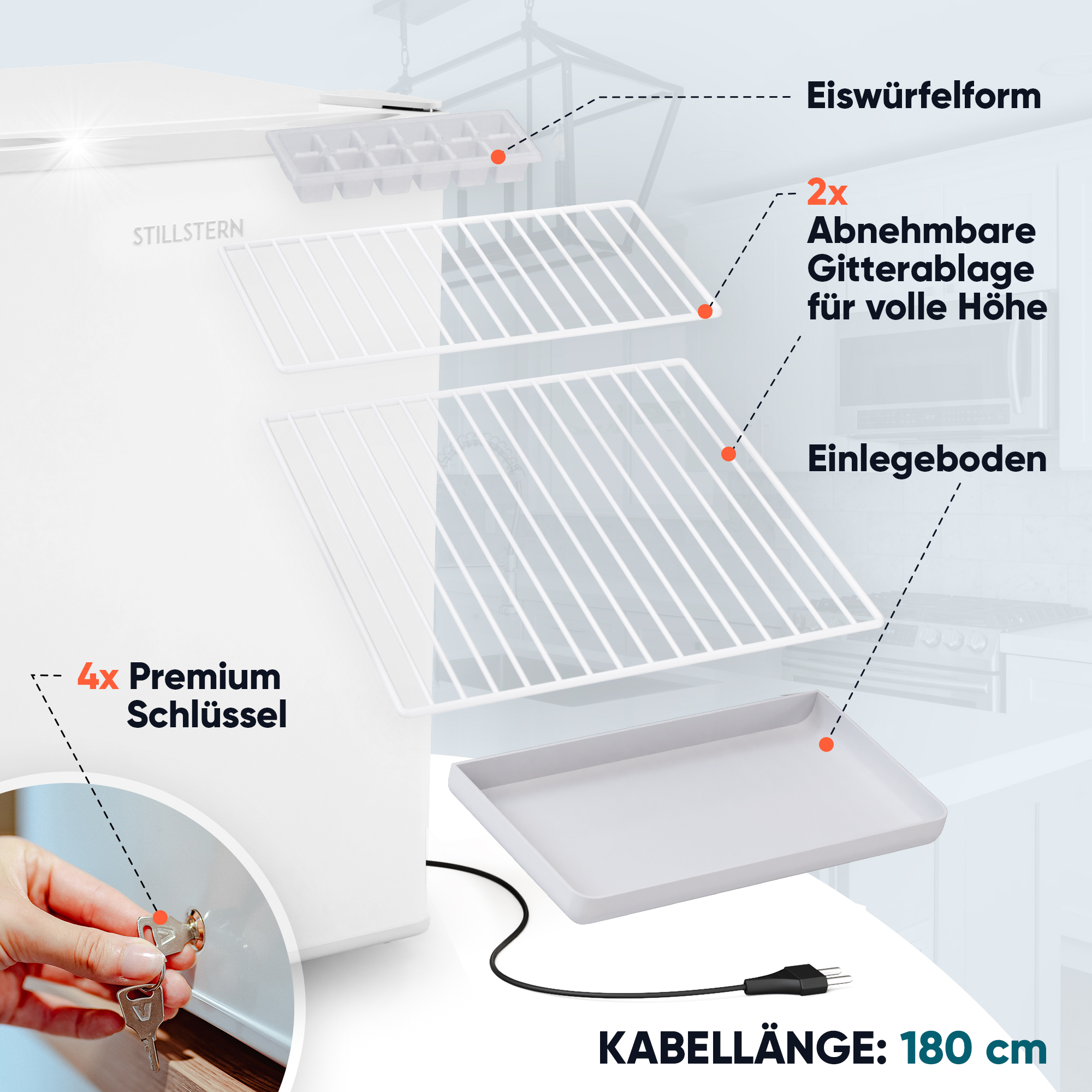 Im Inneren eines weißen Kühlschranks mit Eiswürfelschalen, Regalen und einem schwarzen Netzkabel.