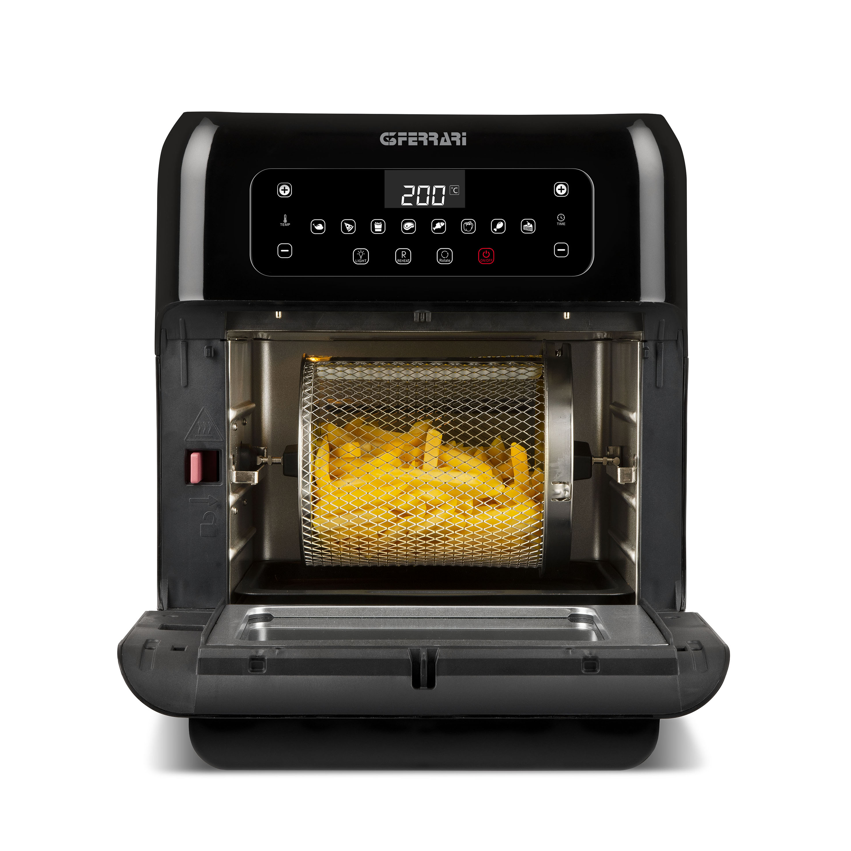 Frytownica beztłuszczowa z frytkami w środku. Czarna frytownica. Otwarta, pokazująca frytki. Białe tło.