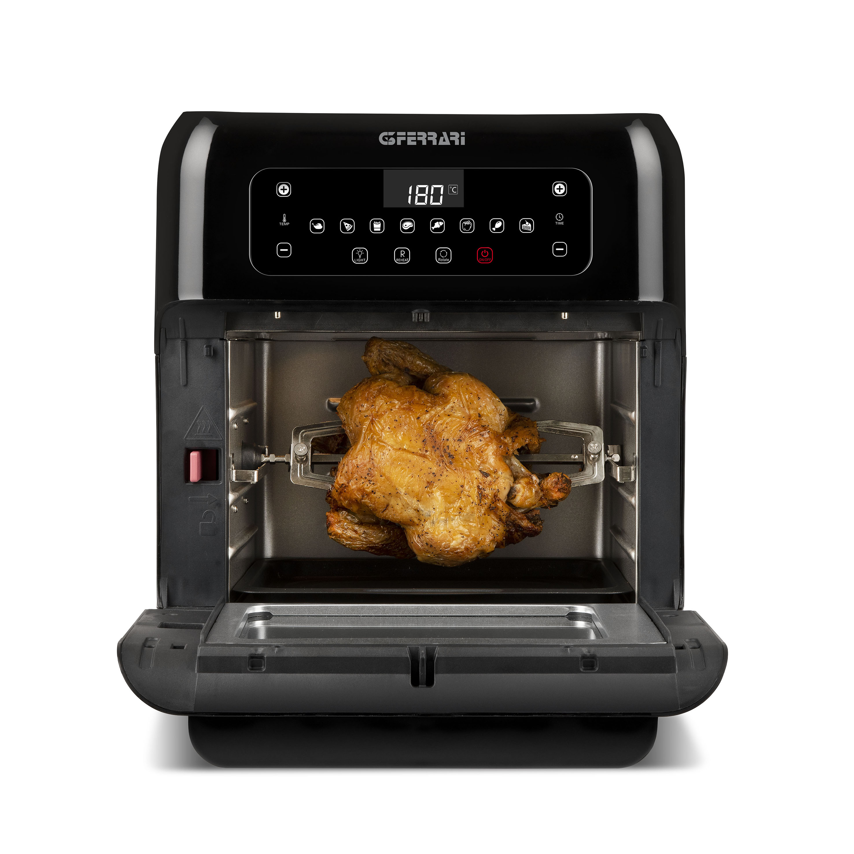 Czarna frytkownica beztłuszczowa, otwarta, z pieczonym kurczakiem w środku, białe tło.