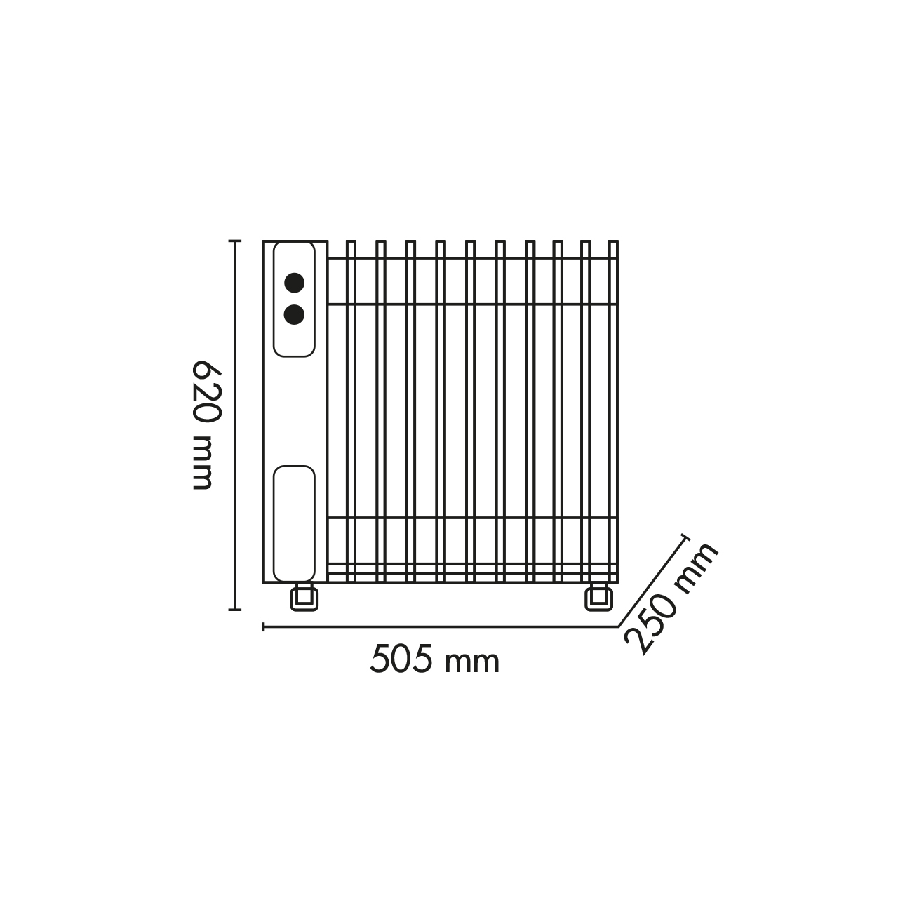 Rysunek liniowy grzejnika z wymiarami: 620 mm, 505 mm i 250 mm.