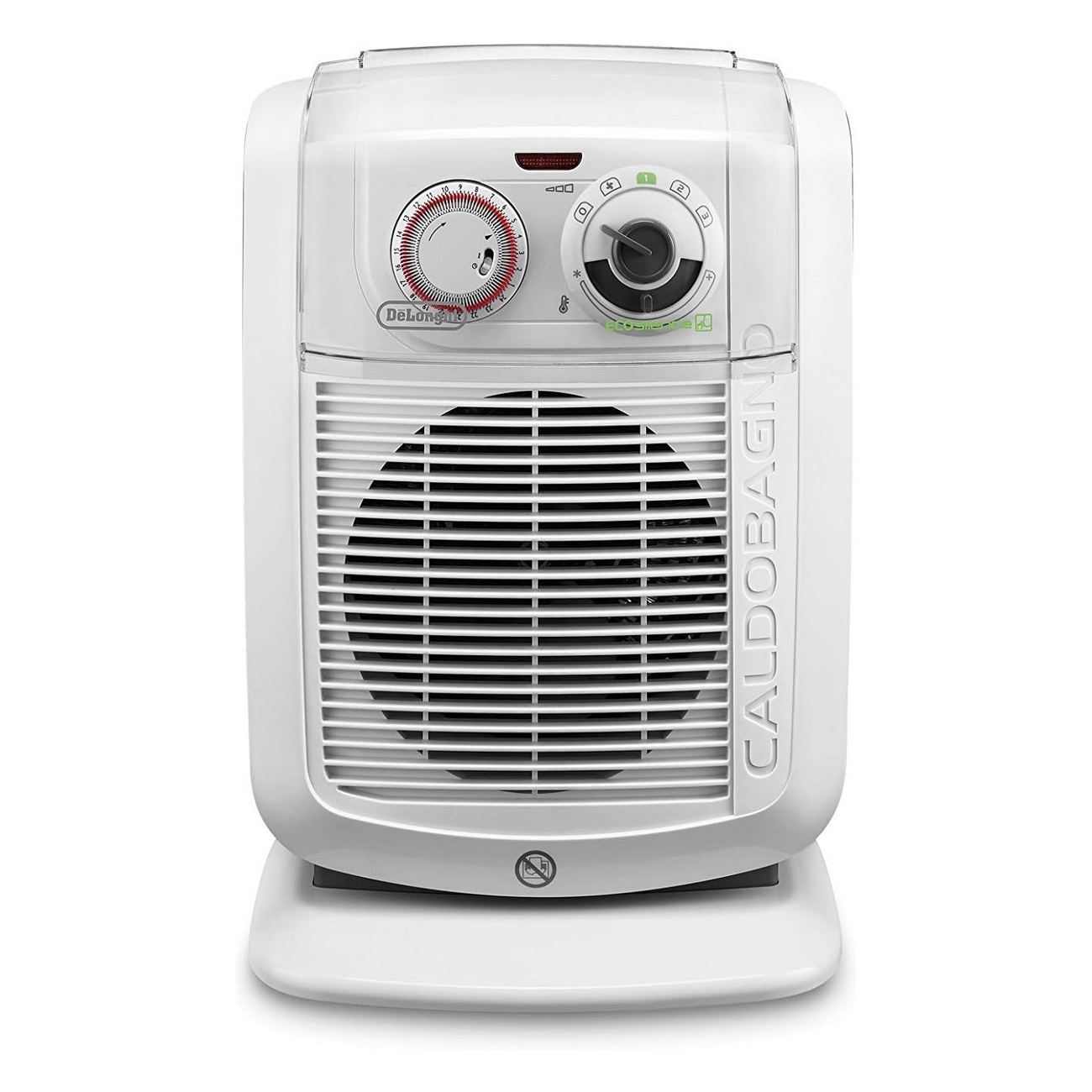 Termoventilatore elettrico bianco con comandi e griglia.