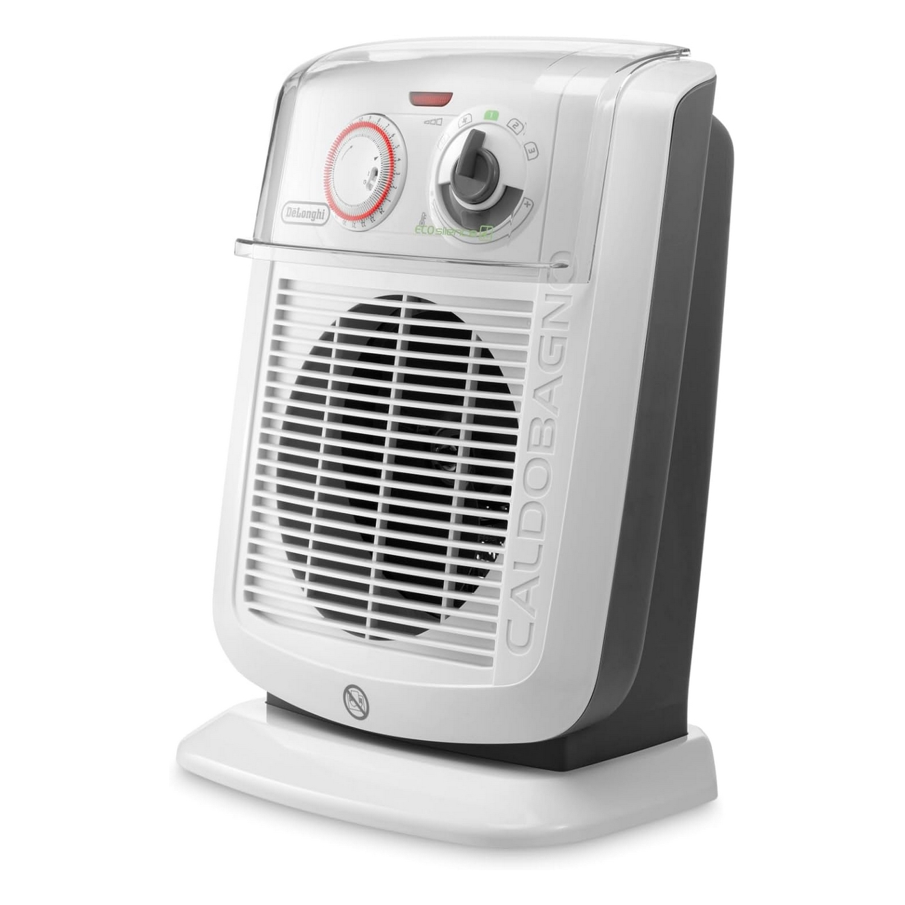 Un termoventilatore Delonghi bianco e grigio. Ha manopole, una ventola e una maniglia.