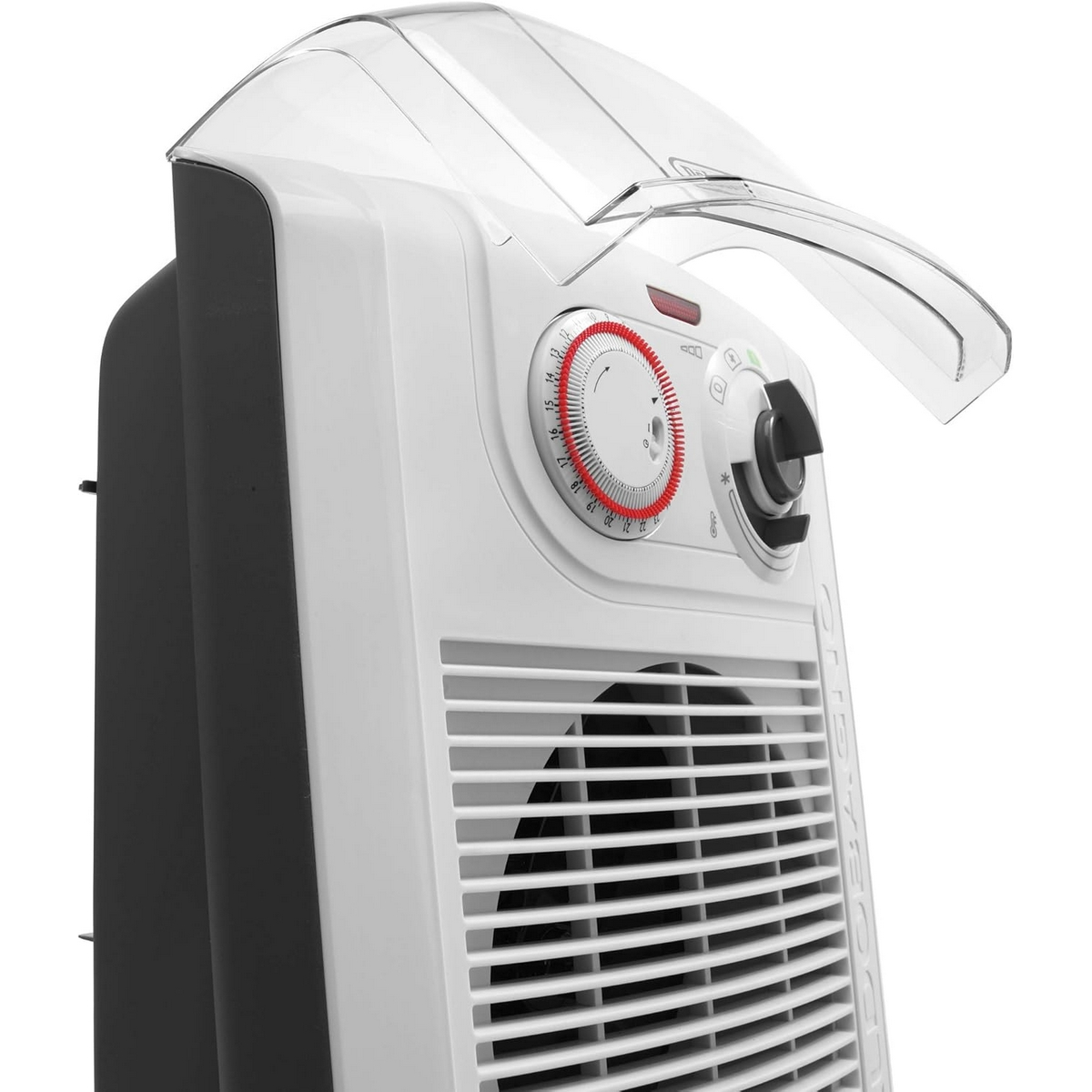 Primo piano di un riscaldatore elettrico bianco con pannello di controllo, con copertura trasparente.
