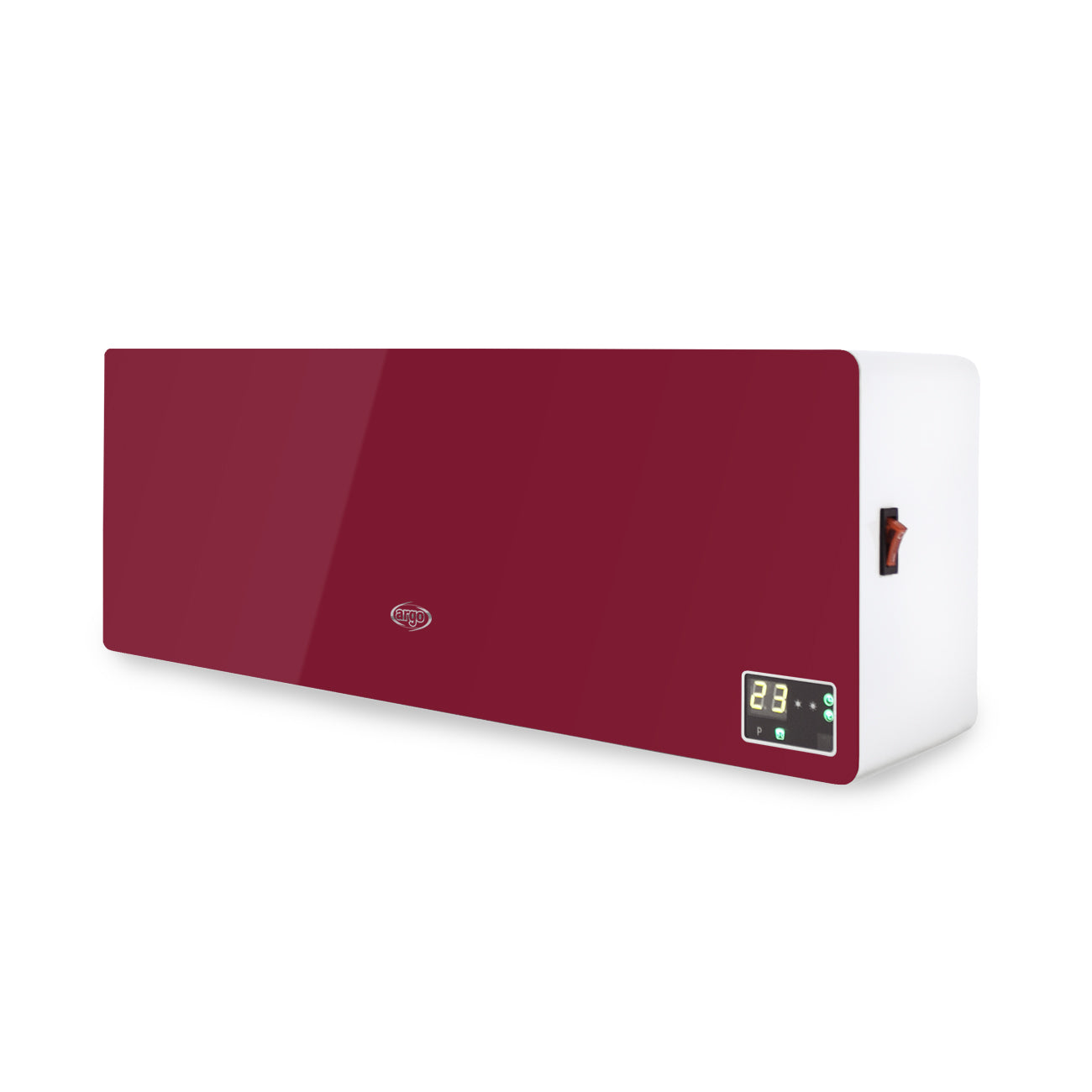 Condizionatore rosso e bianco con display digitale.
