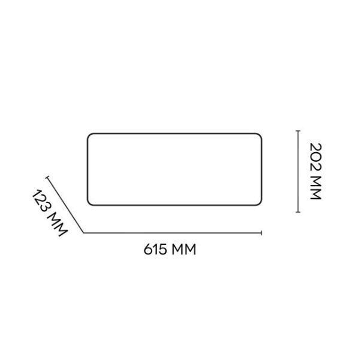 Forma rettangolare con dimensioni: 123 mm, 615 mm e 202 mm. Sfondo bianco.