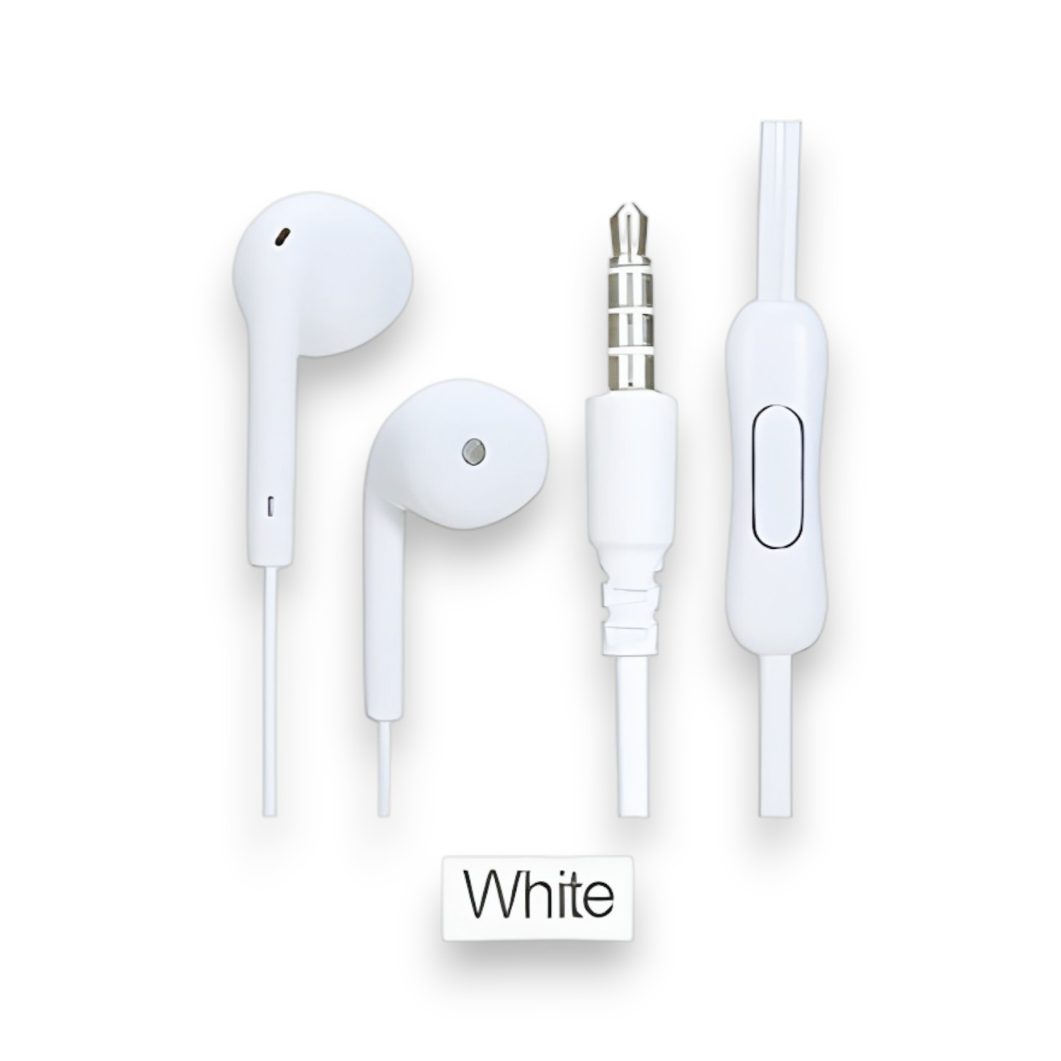 Auriculares blancos, conector y unidad de control. Todo sobre fondo blanco, con texto 'White'.