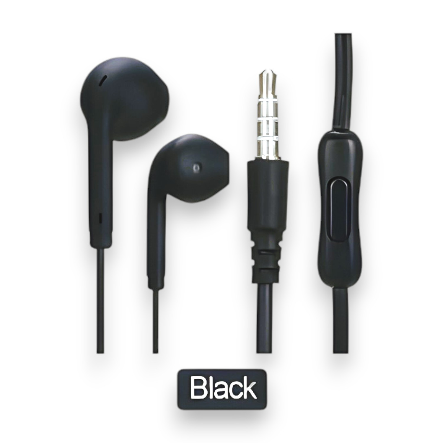 Auriculares negros con micrófono y botón de control, y un enchufe negro. La etiqueta dice 'Negro'.