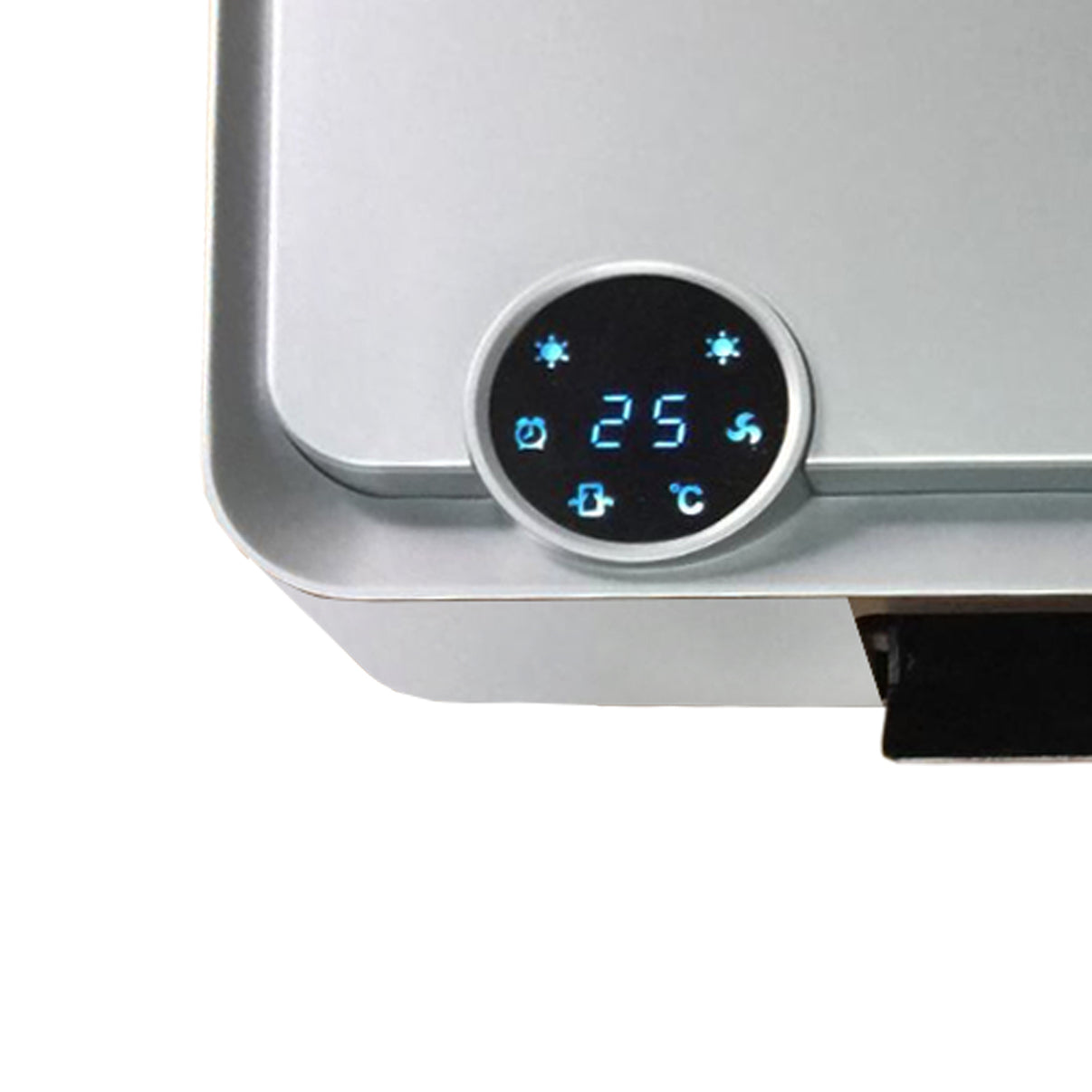 Display digitale con simboli di temperatura e ventola. Sfondo argento. 25 gradi.