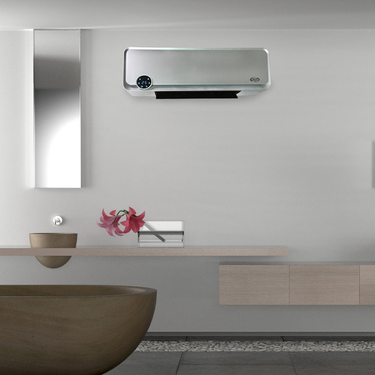 Una scena bagno moderna con un riscaldatore a parete, uno specchio e un lavabo e mobile in legno.