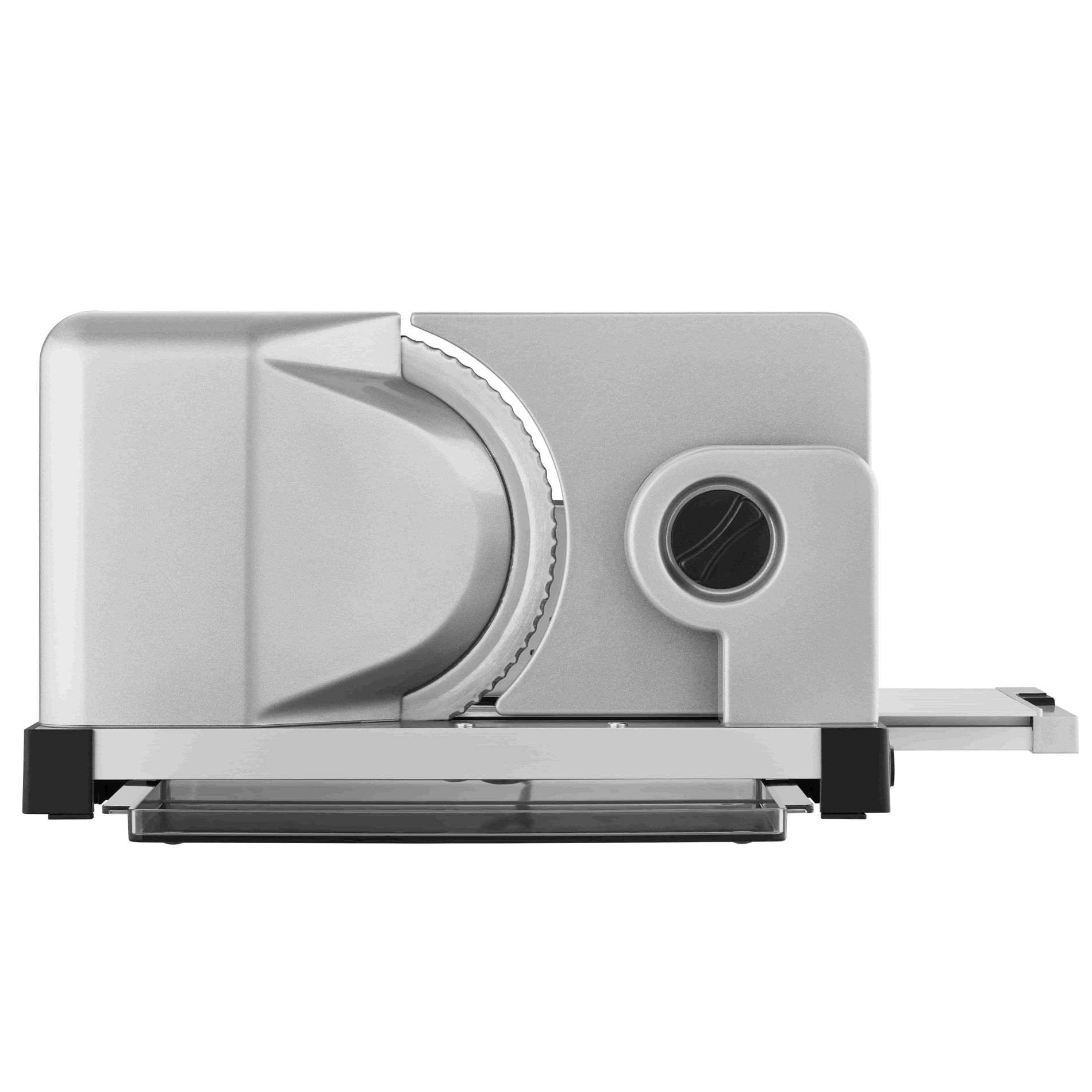 Srebrna krajalnica do mięsa. Ostrze jest widoczne. Znajduje się na białej powierzchni.