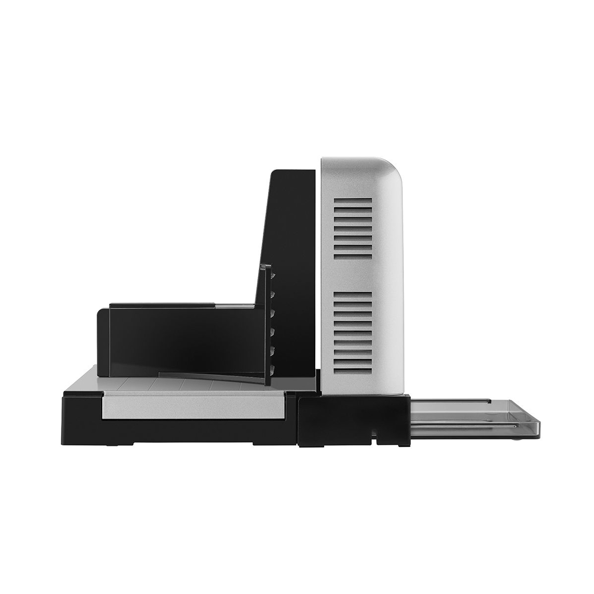 Szara i czarna gilotyna do papieru ze srebrną górą, widok z boku.