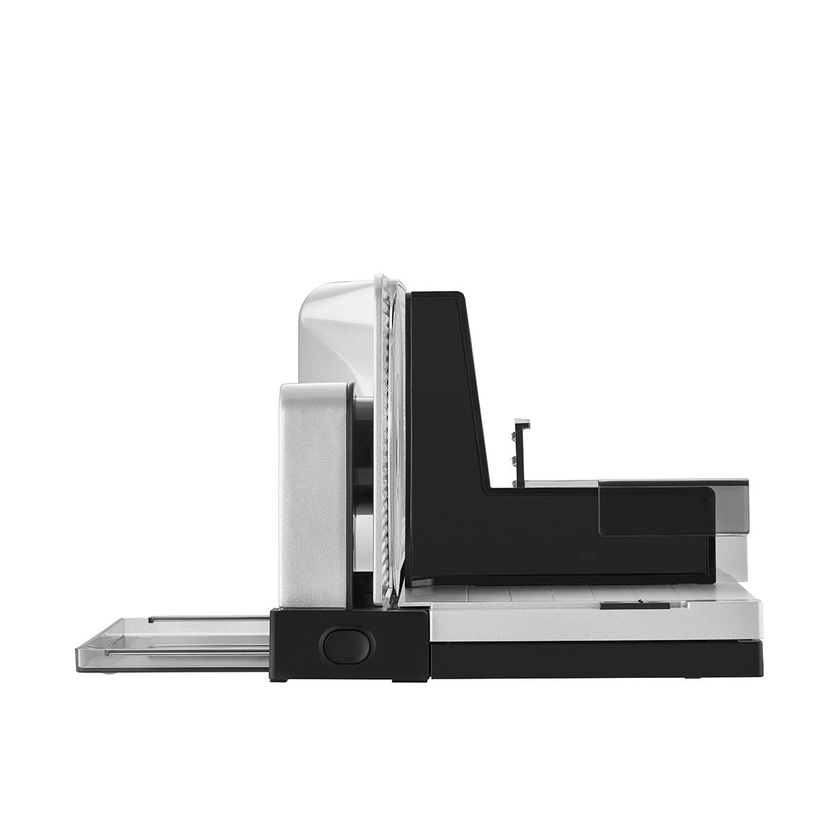 Przemysłowa gilotyna do papieru, czarno-biała, na białej powierzchni, widok z boku.