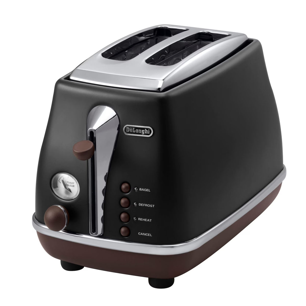 Un tostapane DeLonghi nero e marrone con pulsanti per diverse opzioni di tostatura.