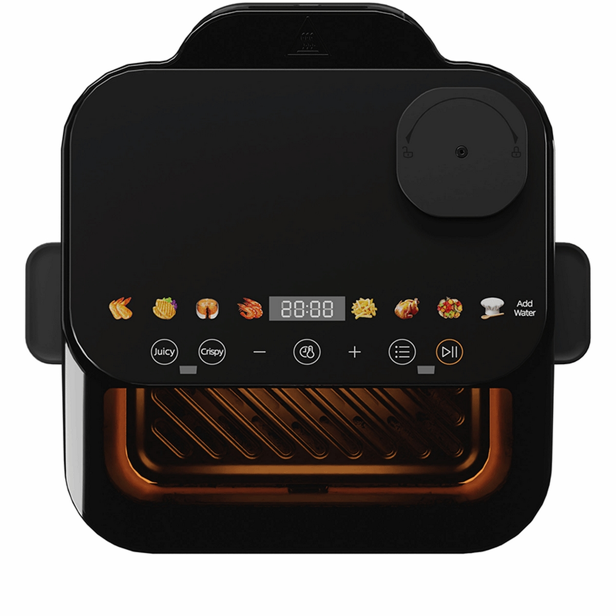 Una friggitrice ad aria nera con display digitale e icone di cibo. Un quadrante e pulsanti sono visibili.