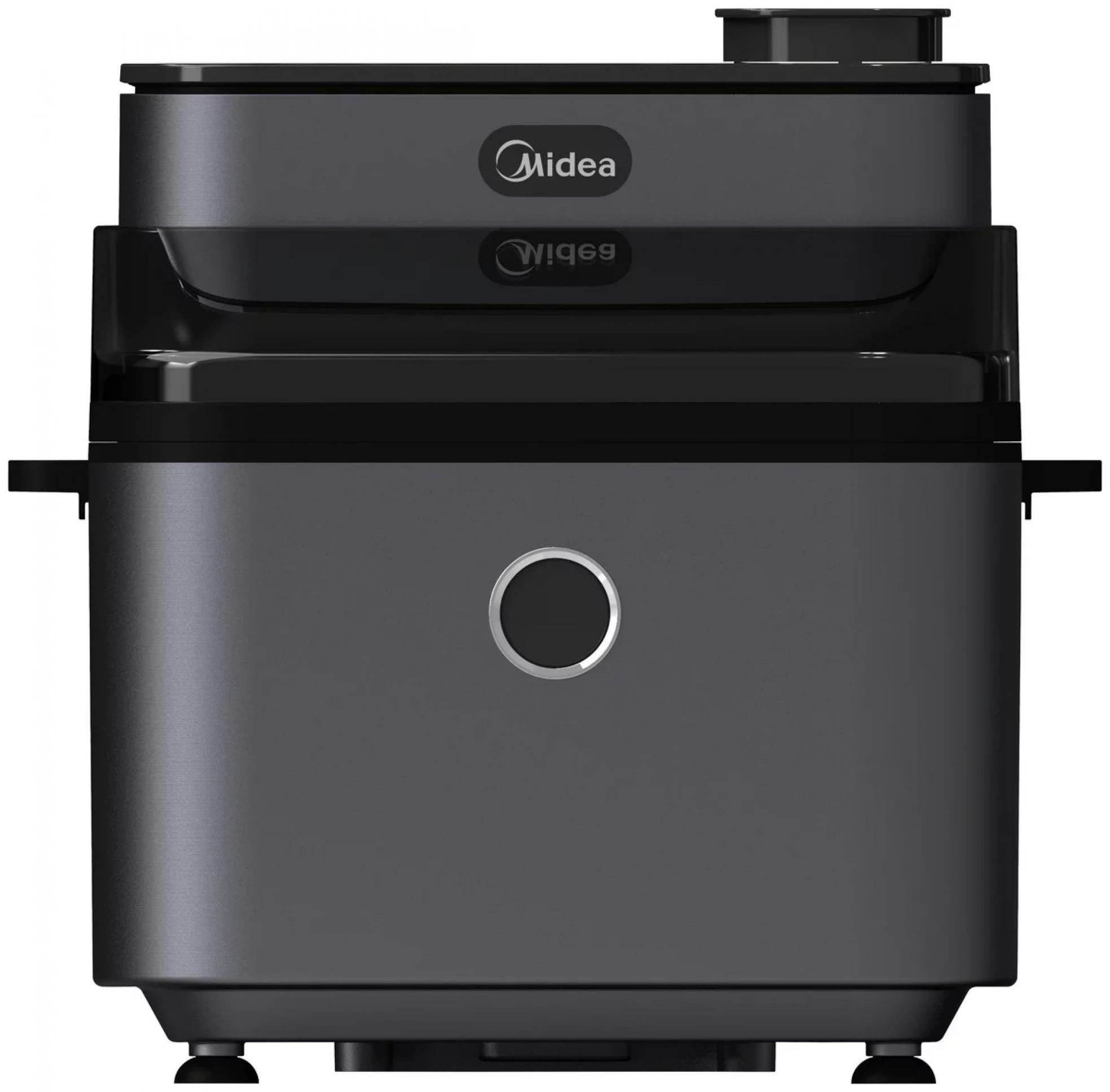 Cuociriso Midea grigio scuro, vista frontale, con pulsante circolare.