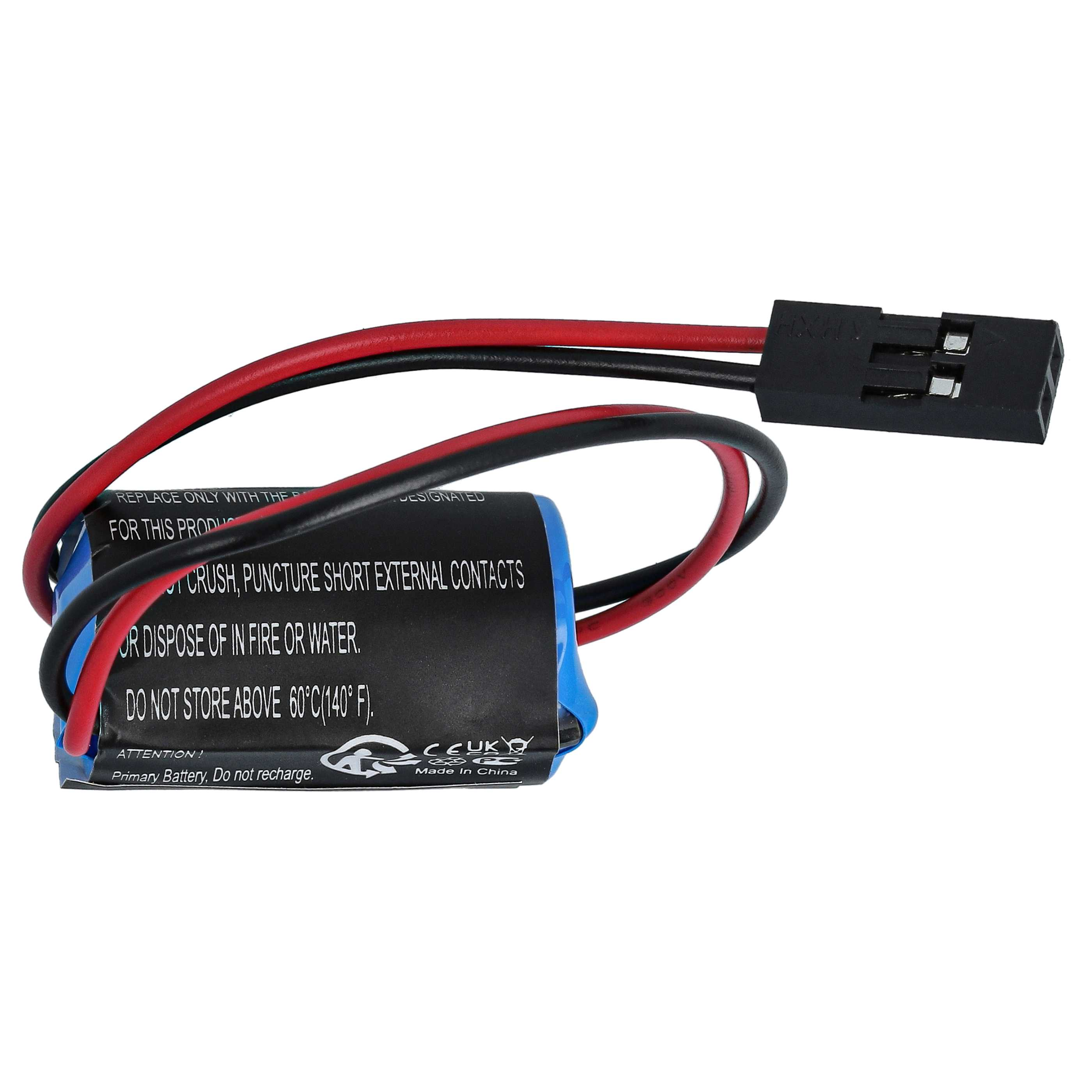 Kleine schwarze Batterie mit roten und schwarzen Drähten und einem Stecker. Warnhinweise befinden sich auf der Batterieoberfläche.