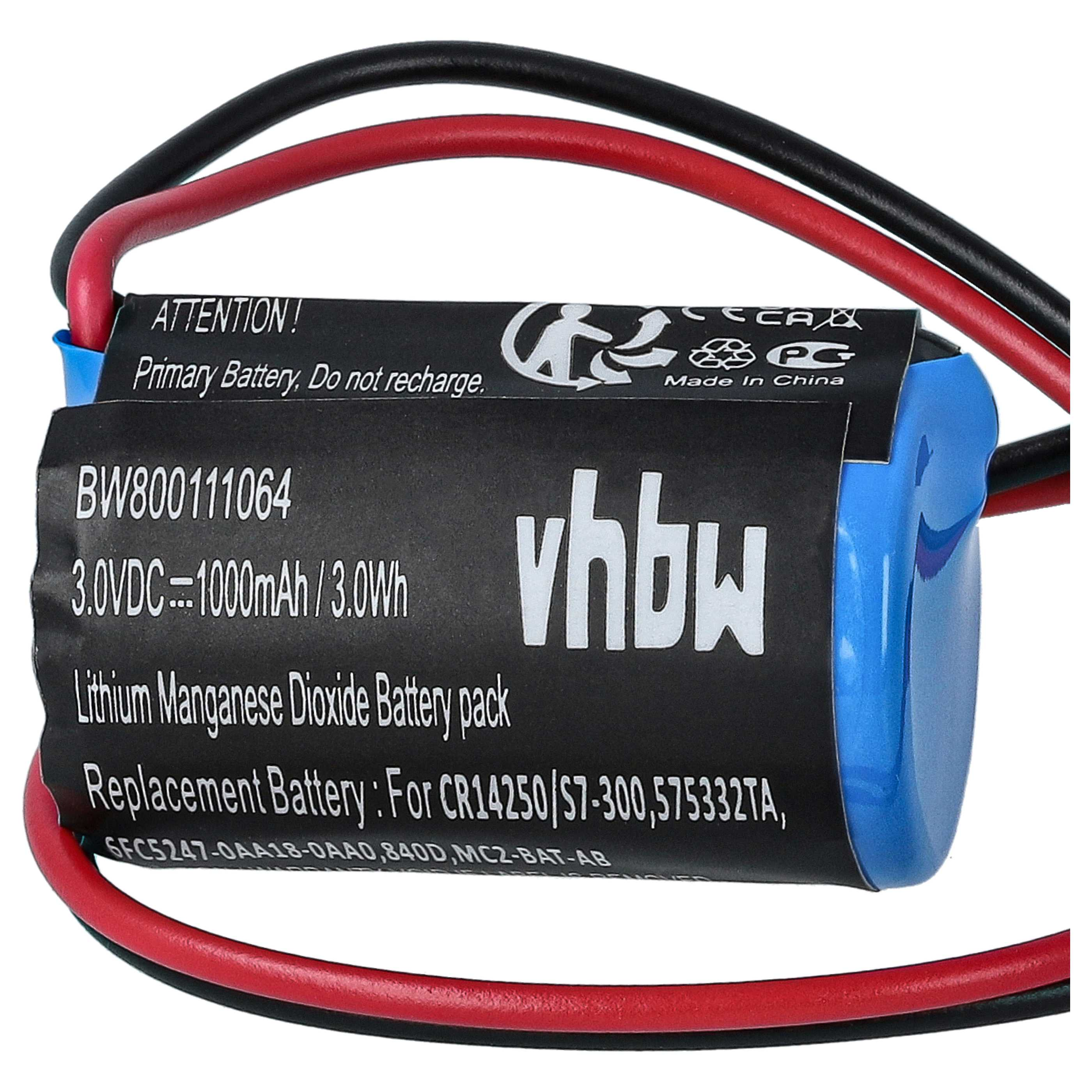 Eine schwarz-blaue Batterie mit roten und schwarzen Drähten. Text: 3,0 VDC, 1000 mAh, Lithium-Mangandioxid.