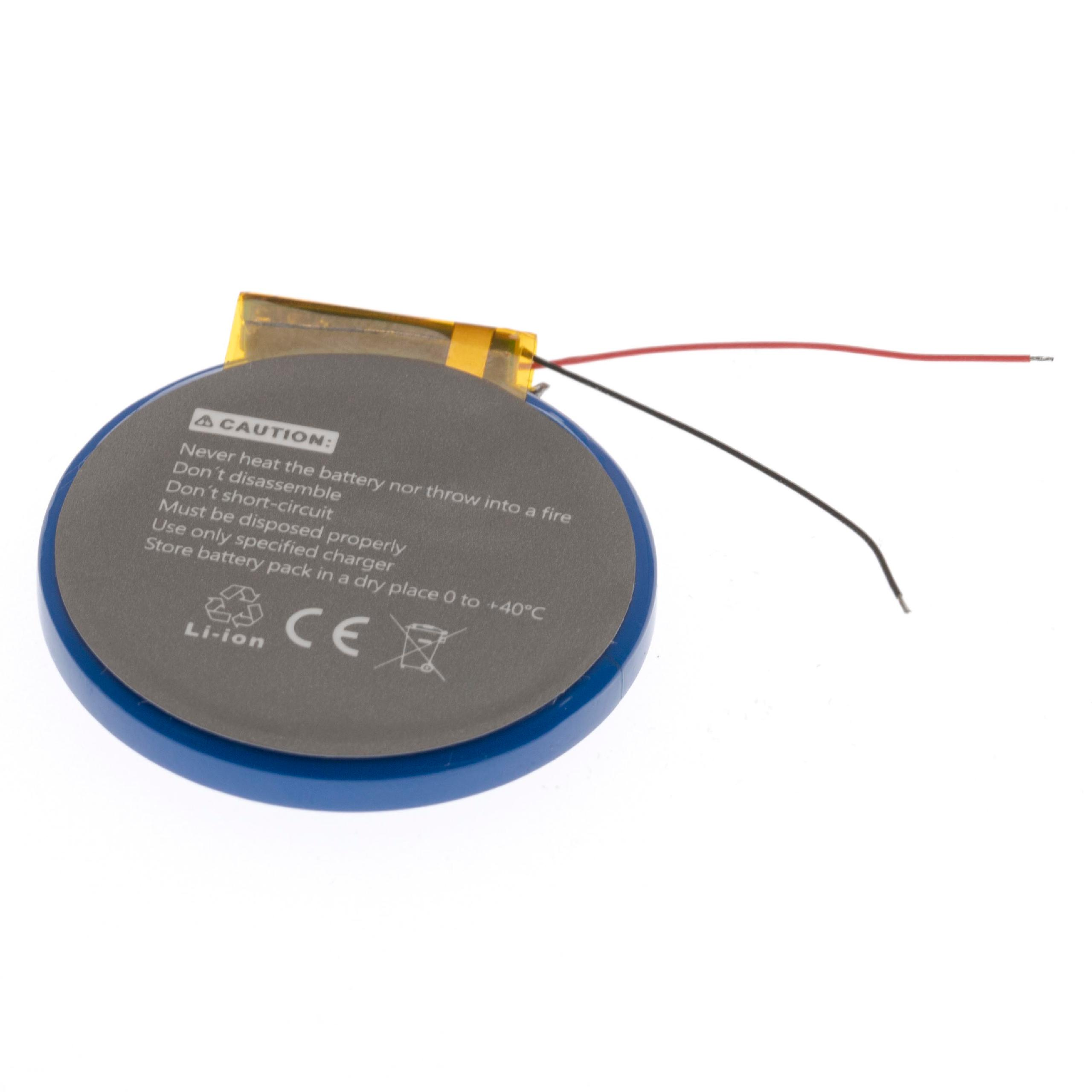 Eine kreisförmige Batterie mit blauem Rand und Warnhinweis, freigestellt.