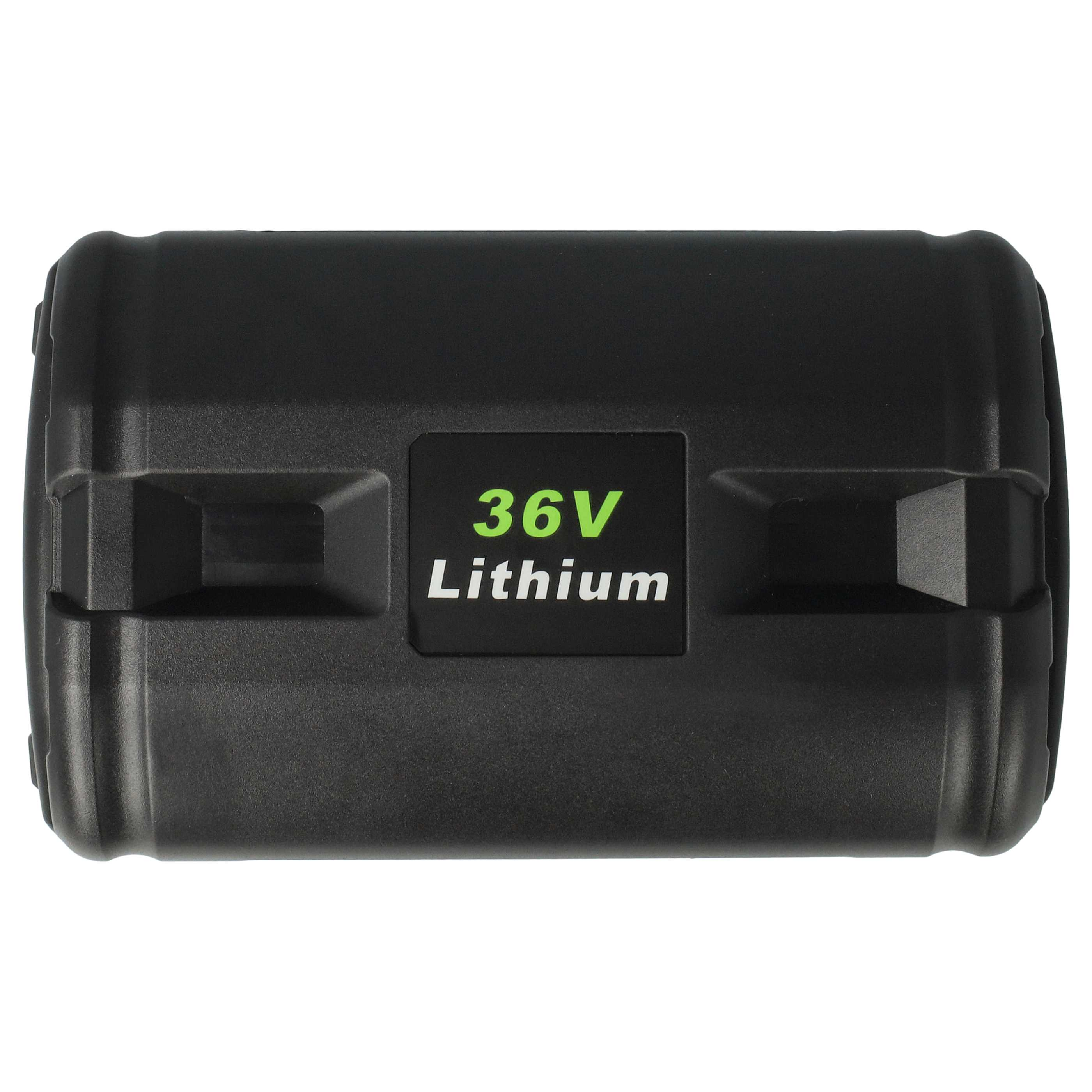 Eine schwarze 36V Lithium-Batterie mit einem grünen "36V Lithium"-Etikett.