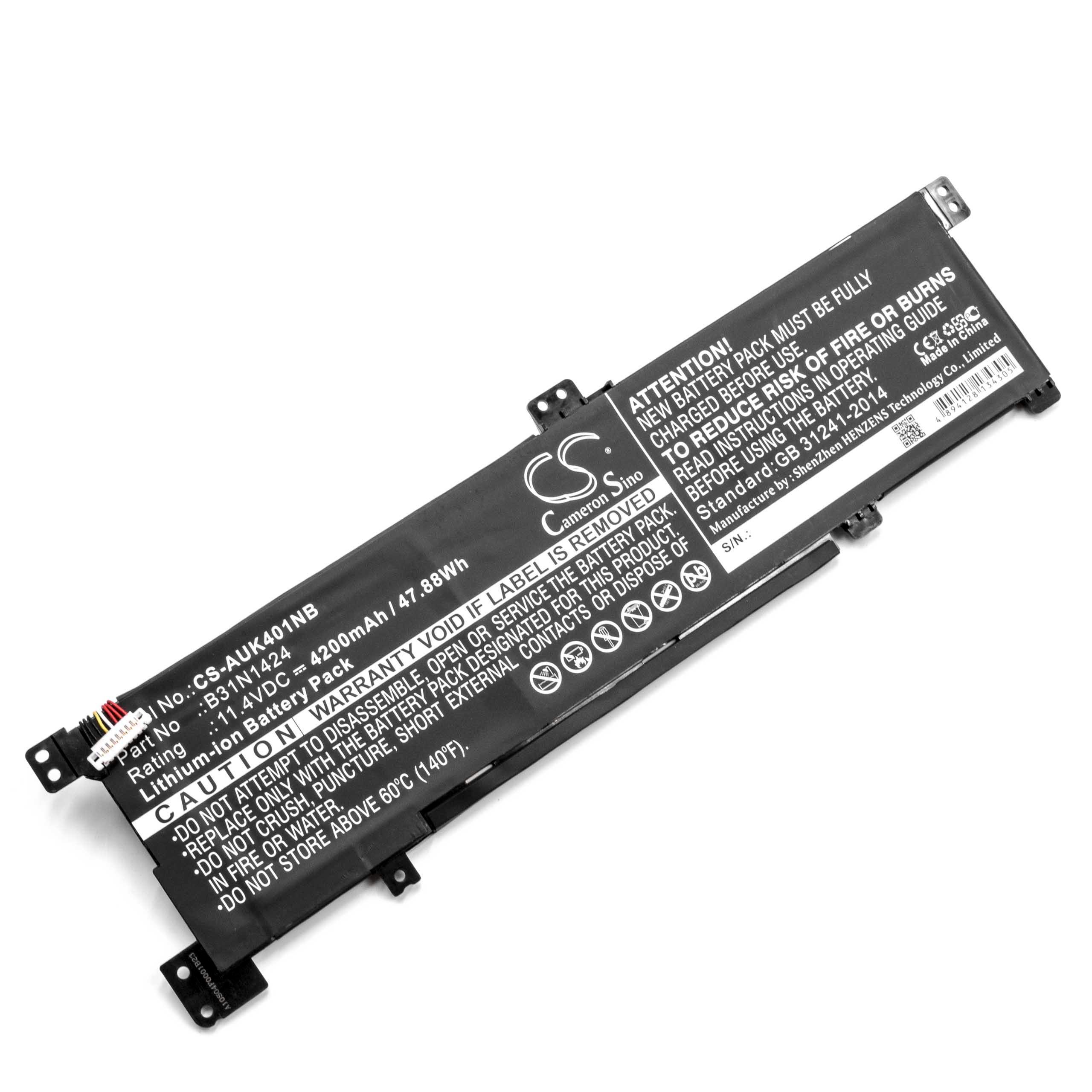 Ein Laptop-Akku mit Warnhinweisen und Spezifikationen. Der Akku ist schwarz.