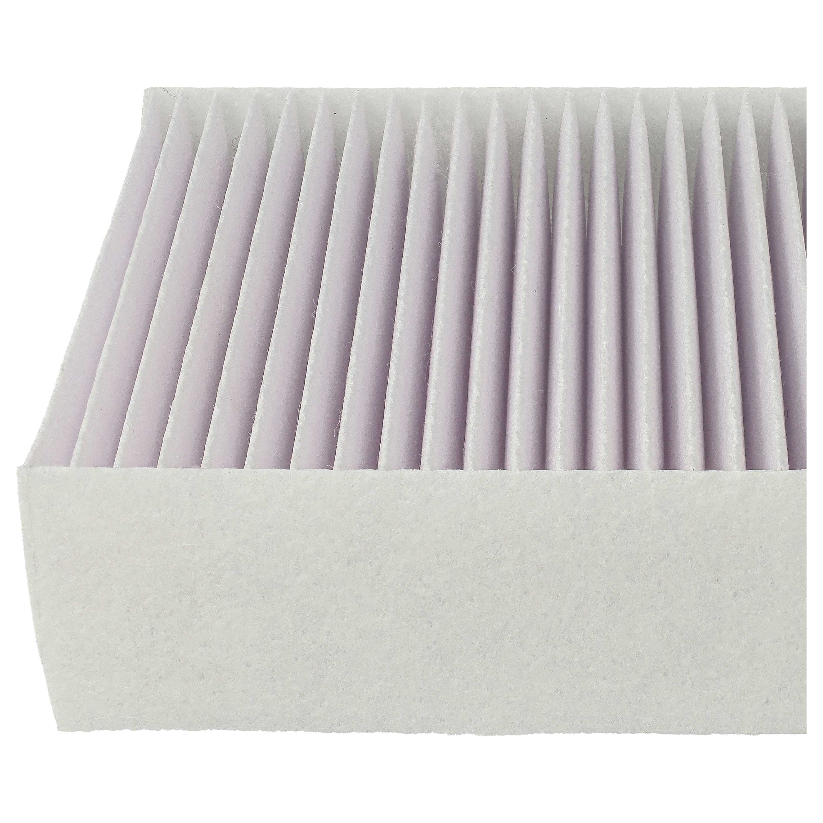 Nahaufnahme eines Luftfilters mit weißen Kanten und gefaltetem hellvioletten Filtermaterial.