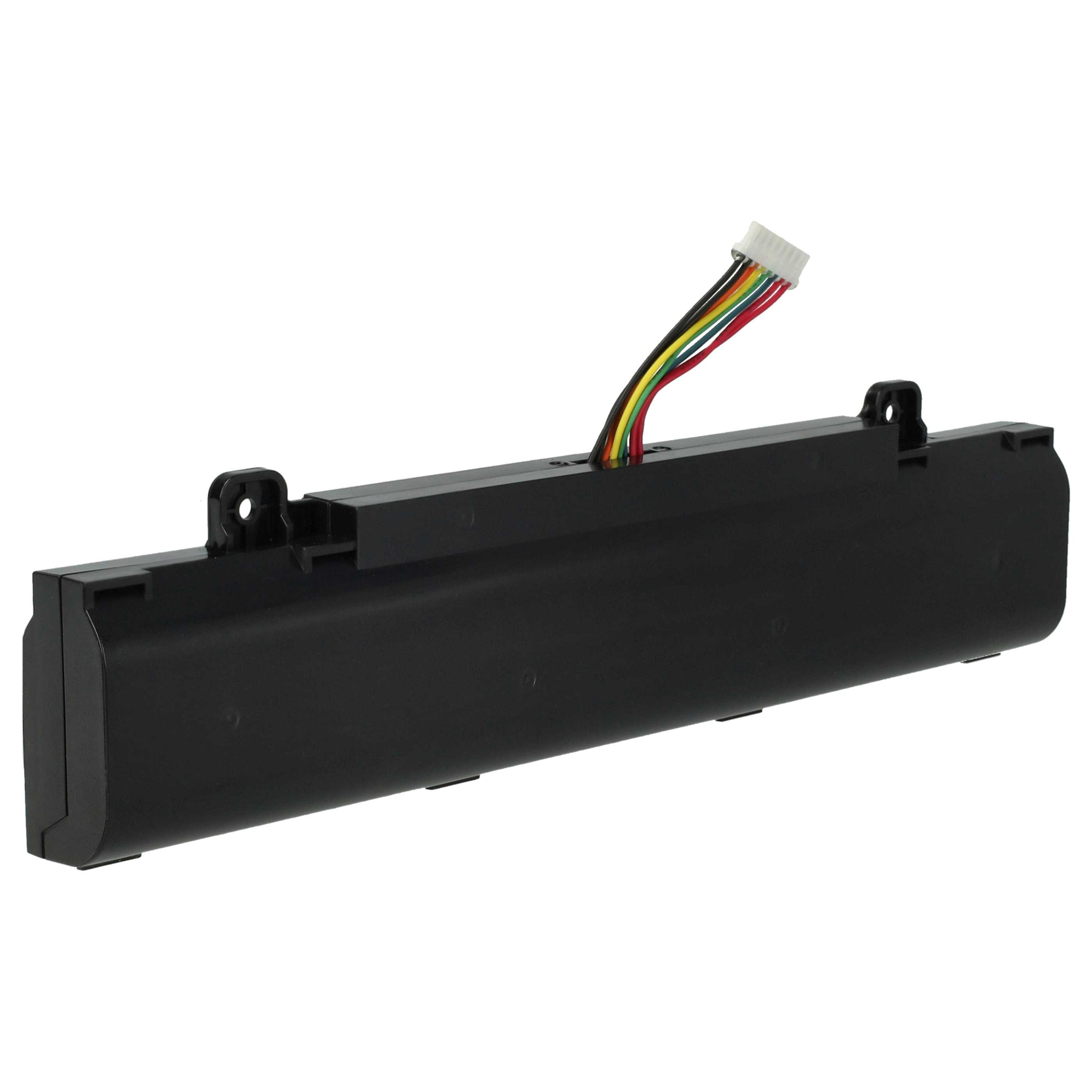 Schwarze Batterie. Ein Kabel mit bunten Drähten ist angeschlossen.