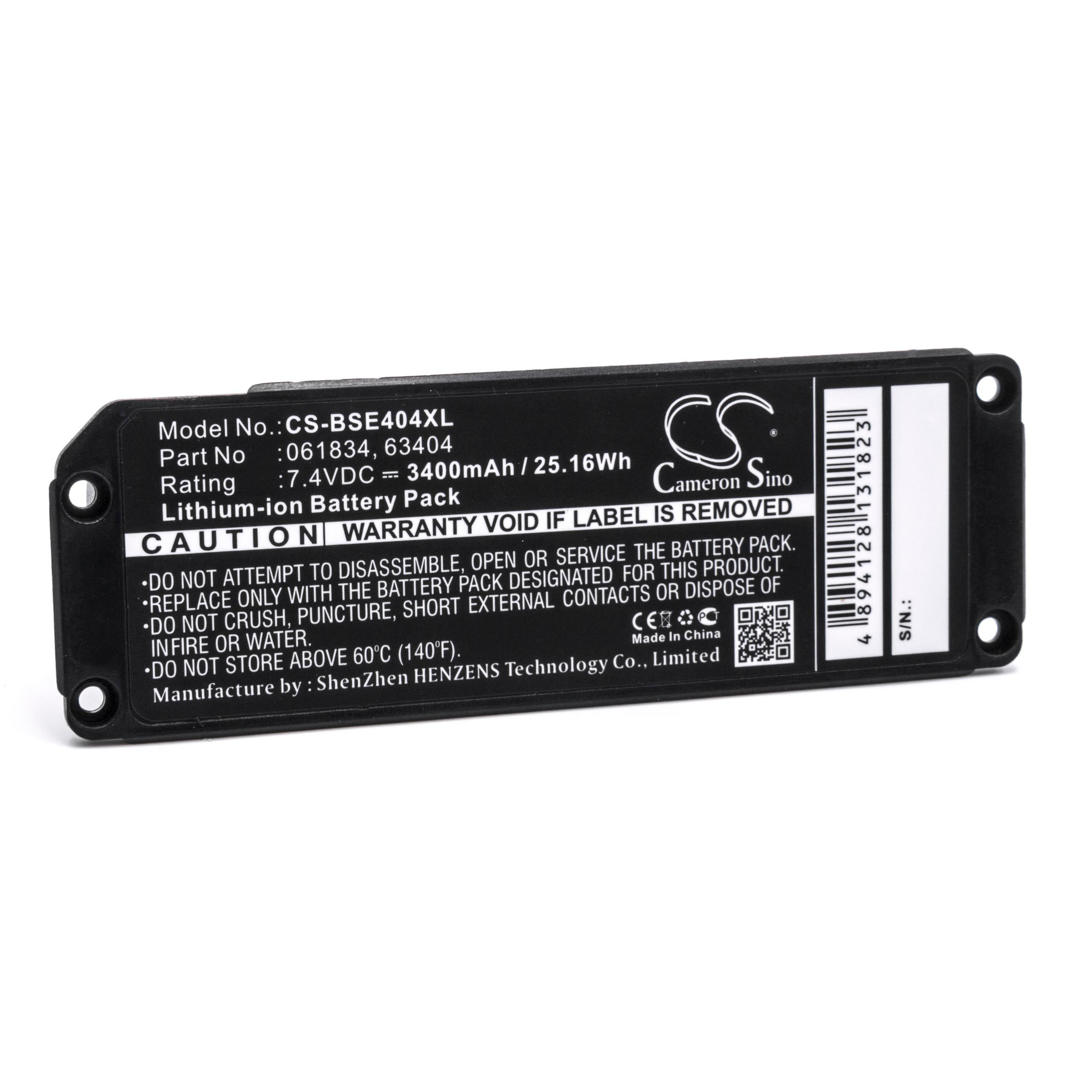 Ein schwarzes Batteriepack mit Etikett, Text und Warnungen, auf weißem Hintergrund.