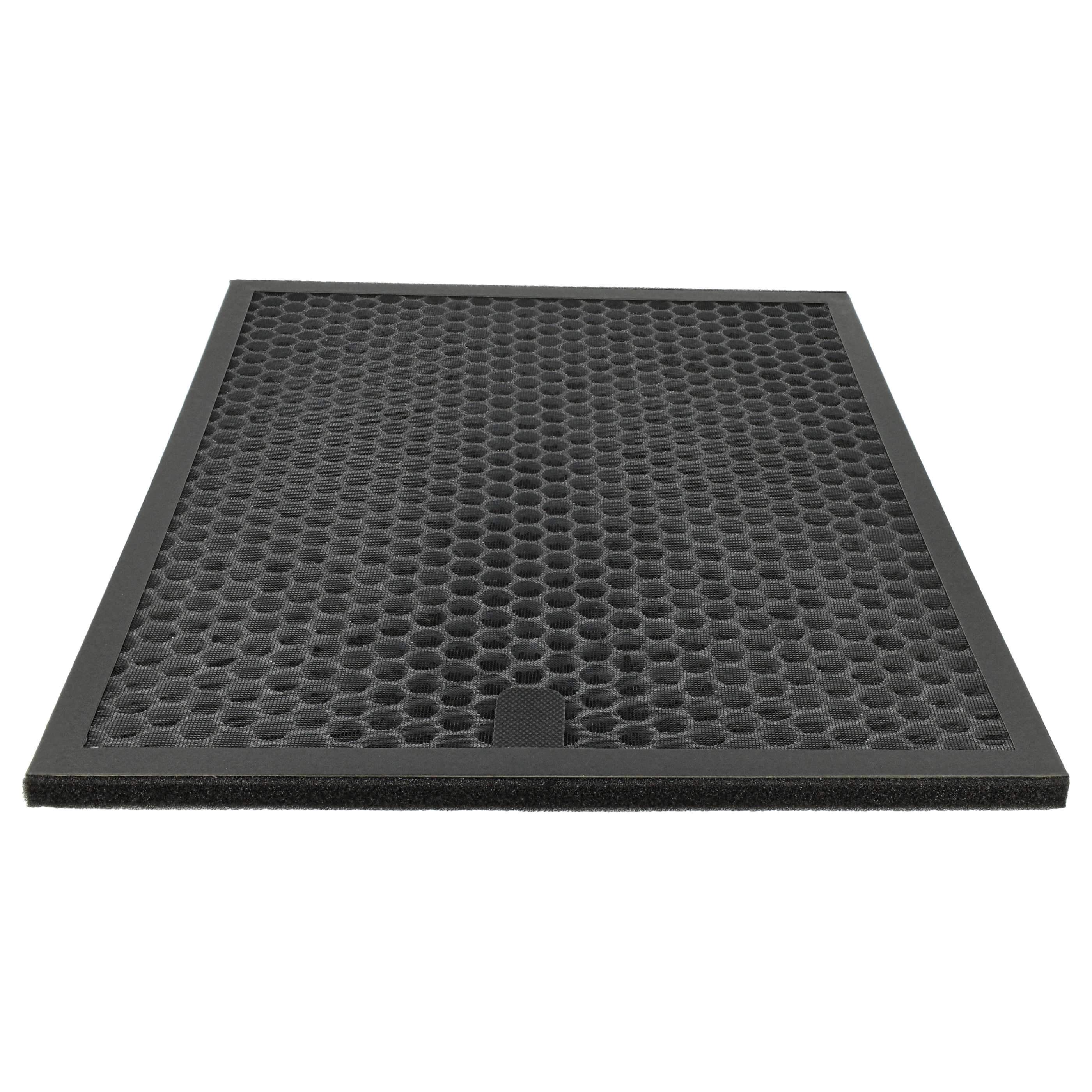 Schwarzer Luftfilter mit Wabenmuster, in rechteckiger Form, auf einer weißen Oberfläche liegend.