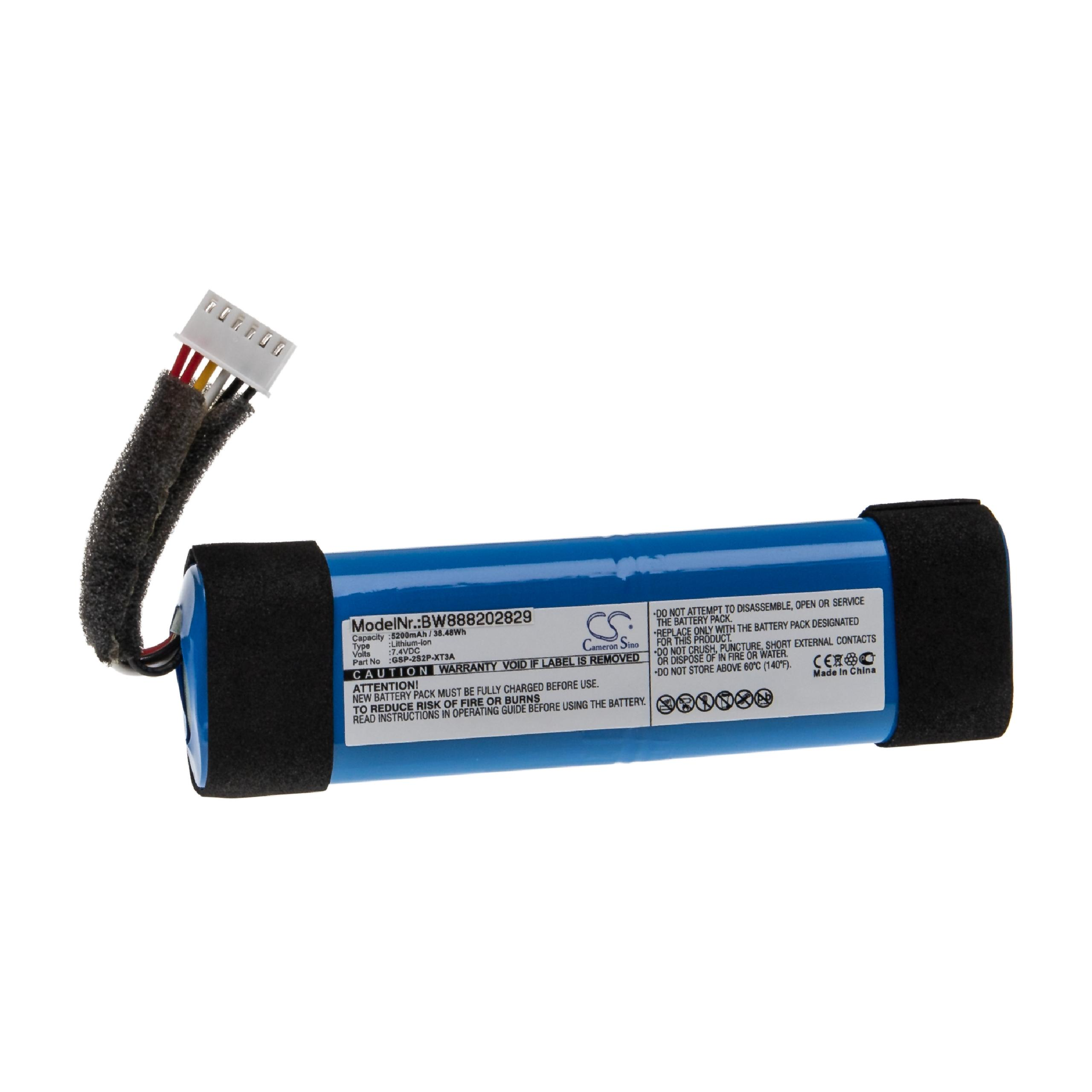 Eine blaue Batterie mit weißem Stecker und schwarzem Schaumstoff. Details, Schrift auf der Batterie.