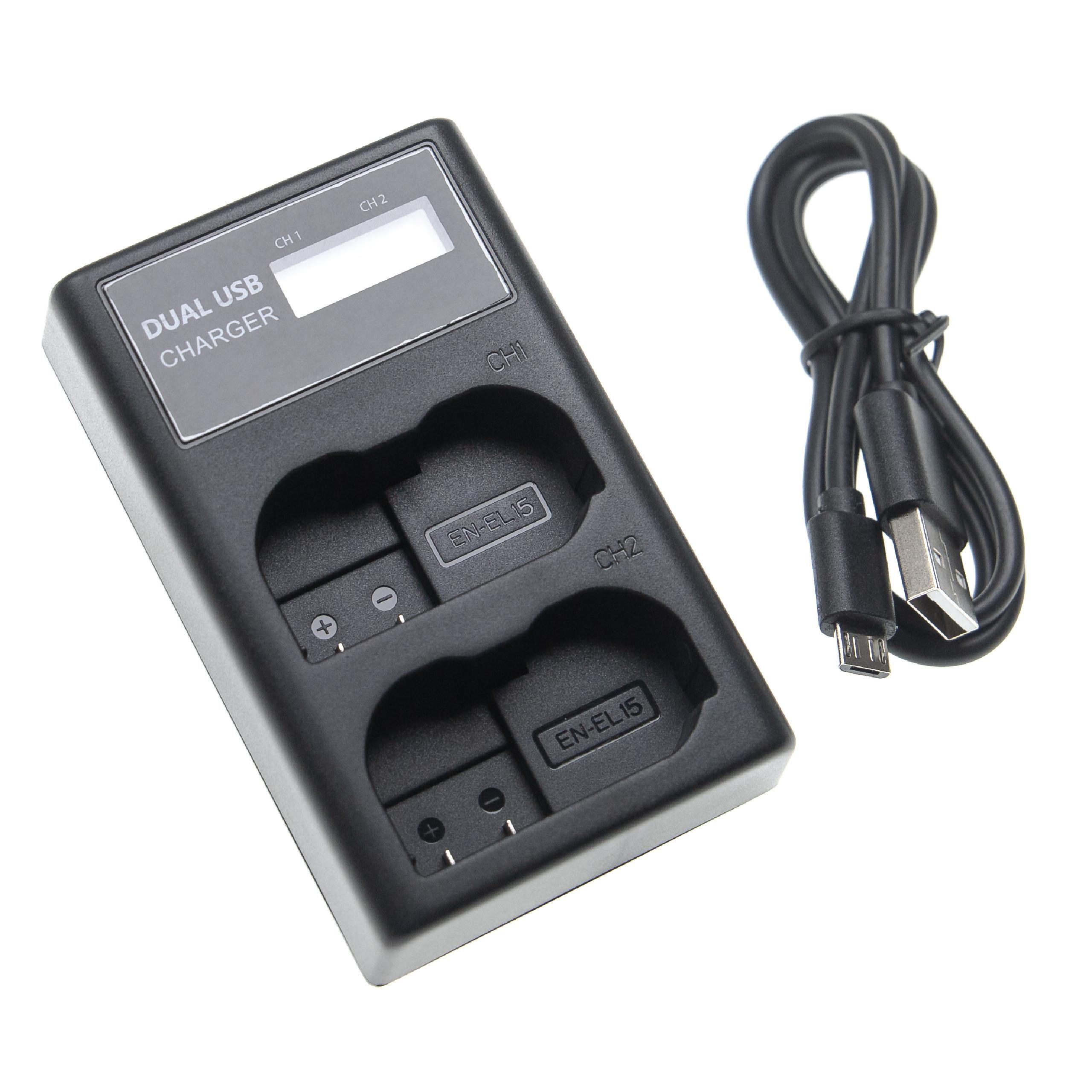 Schwarzes Dual-USB-Ladegerät mit zwei Steckplätzen. USB-Kabel ist enthalten. Text: DUAL USB CHARGER.