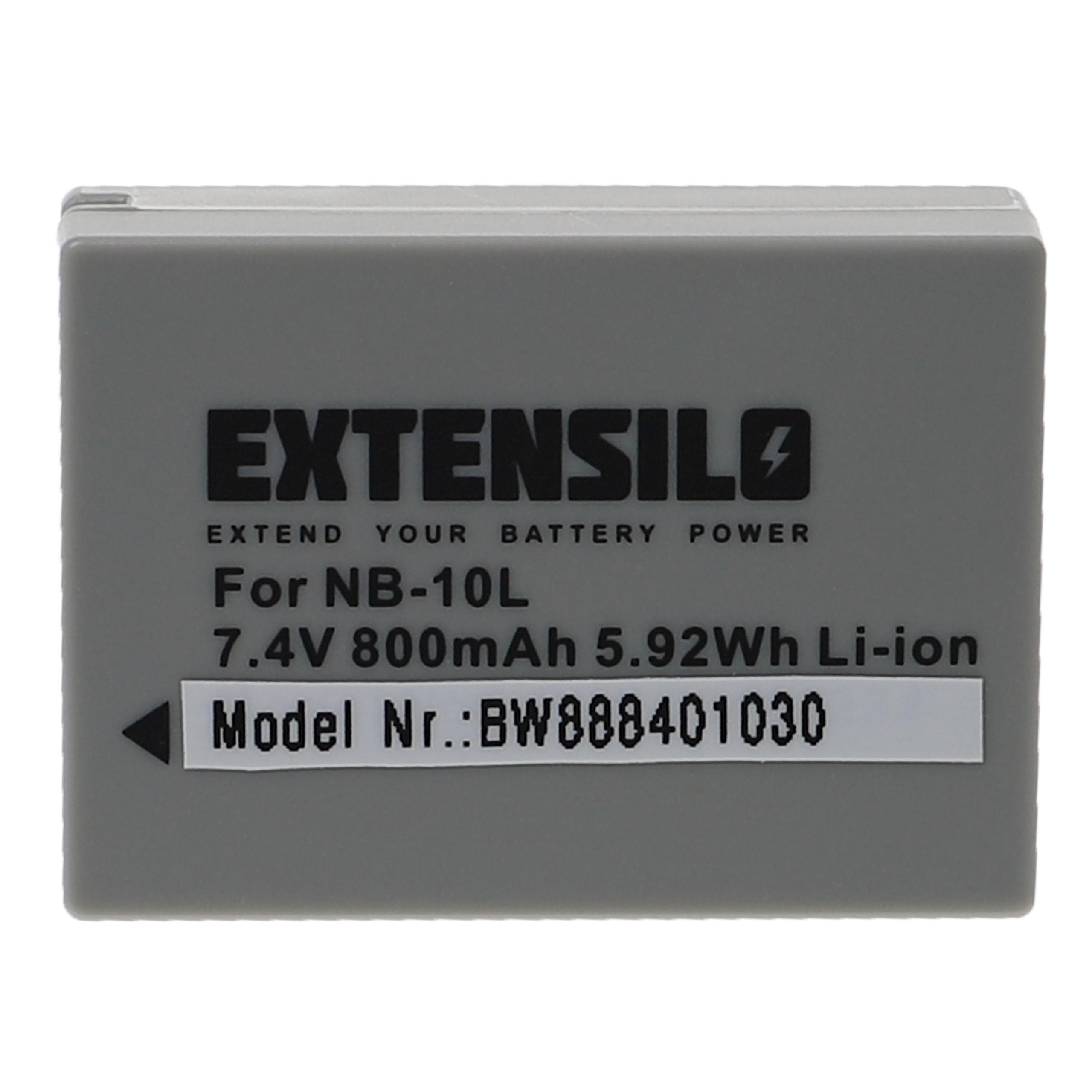 Graue Batterie mit weißem Text: EXTENSILO, für NB-10L, 7,4 V 800 mAh. Modell-Nr.: BW888401030