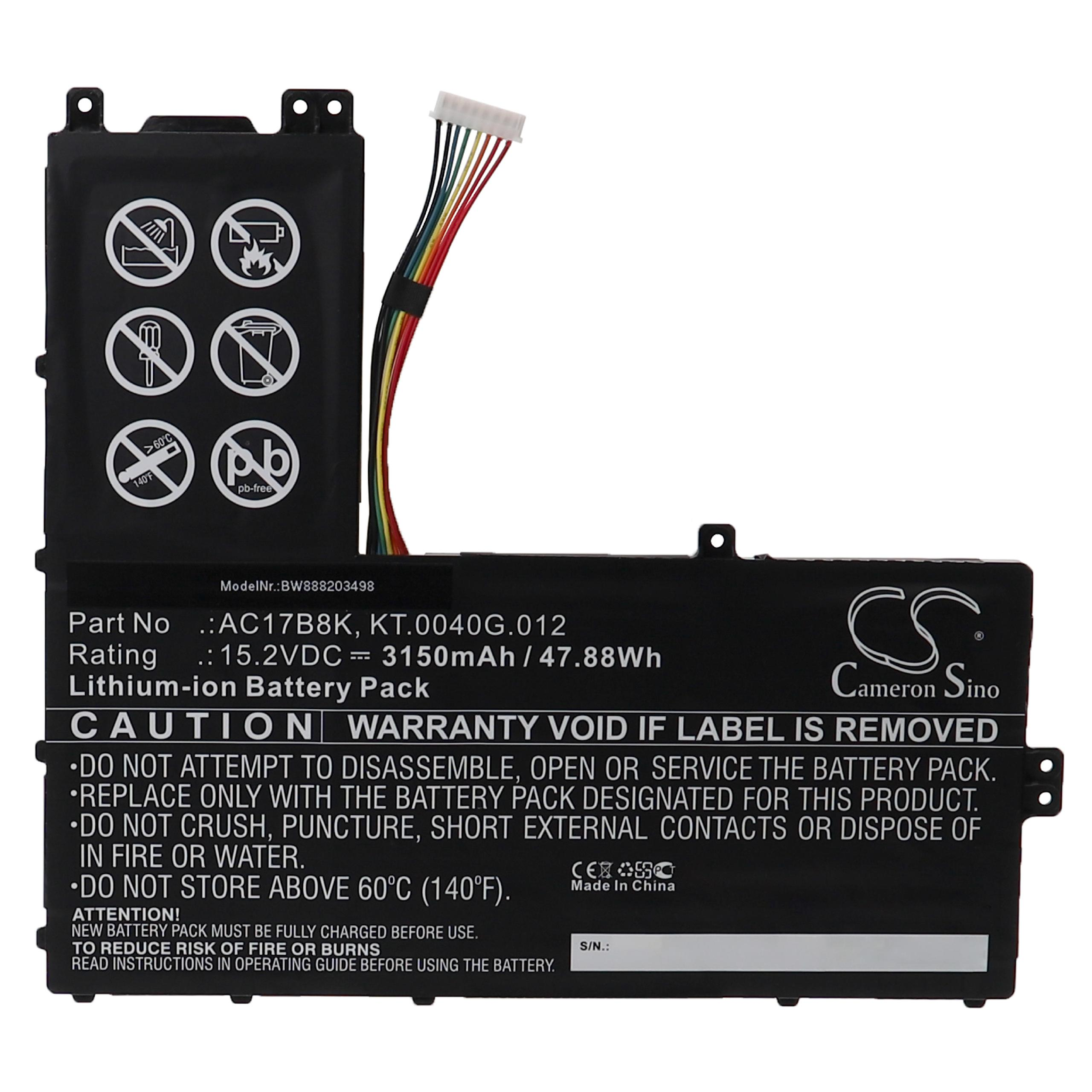 Ein schwarzes Laptop-Akkupack mit Warnhinweisen und Informationen. Es hat mehrere farbige Drähte und liegt auf einer weißen Oberfläche.