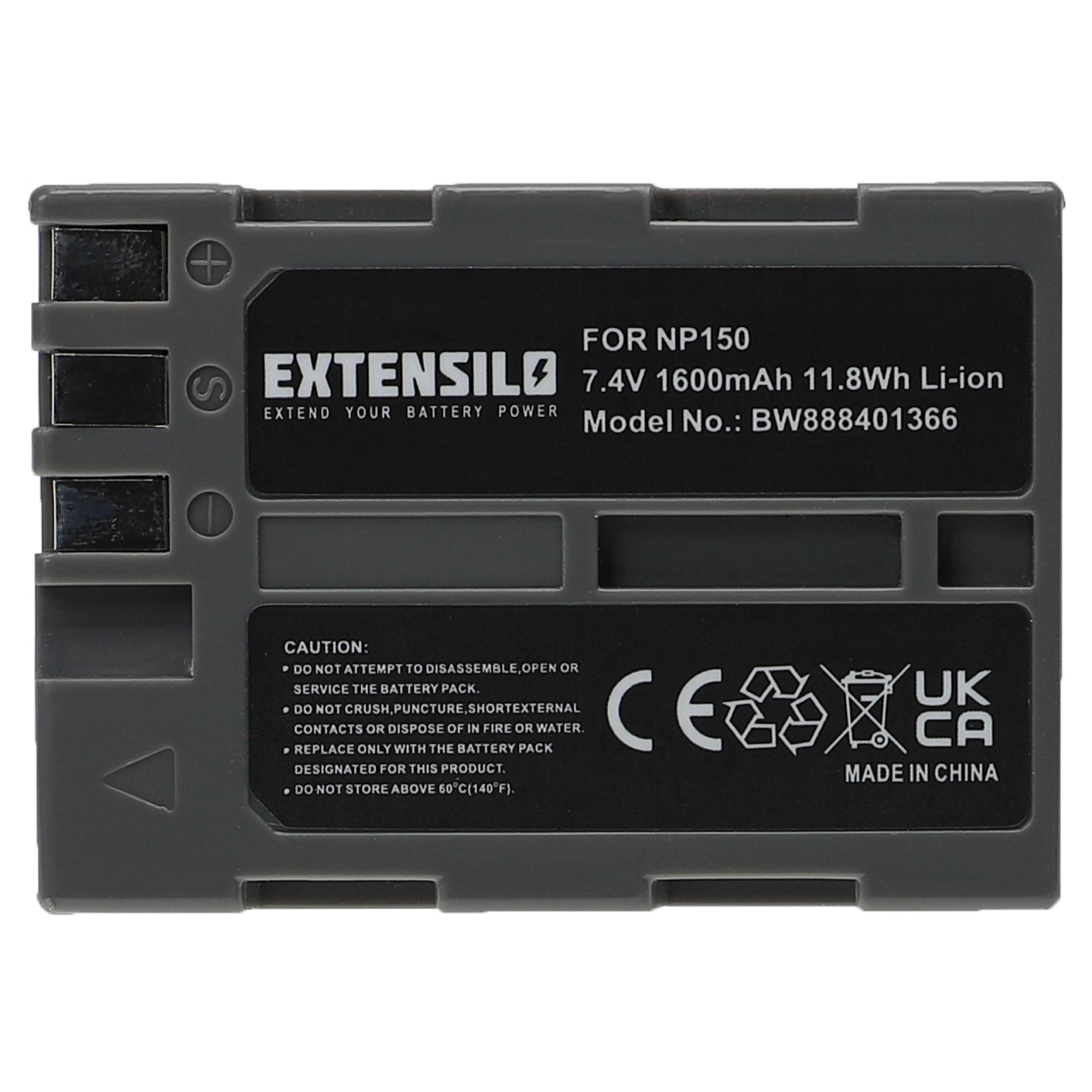Ein Akku mit dem Text 'EXTENSILO' und 'FOR NP150'. Zeigt Warnungen und Recycling-Symbole. Grauer Hintergrund.