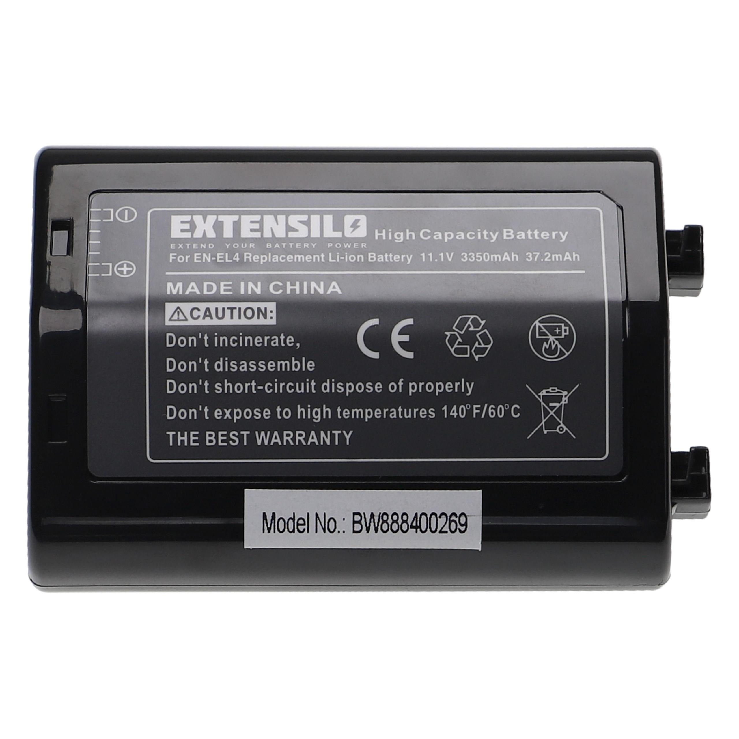 Schwarzes Akkupack mit weißem Text: 'High Capacity Battery' und Sicherheitshinweisen.