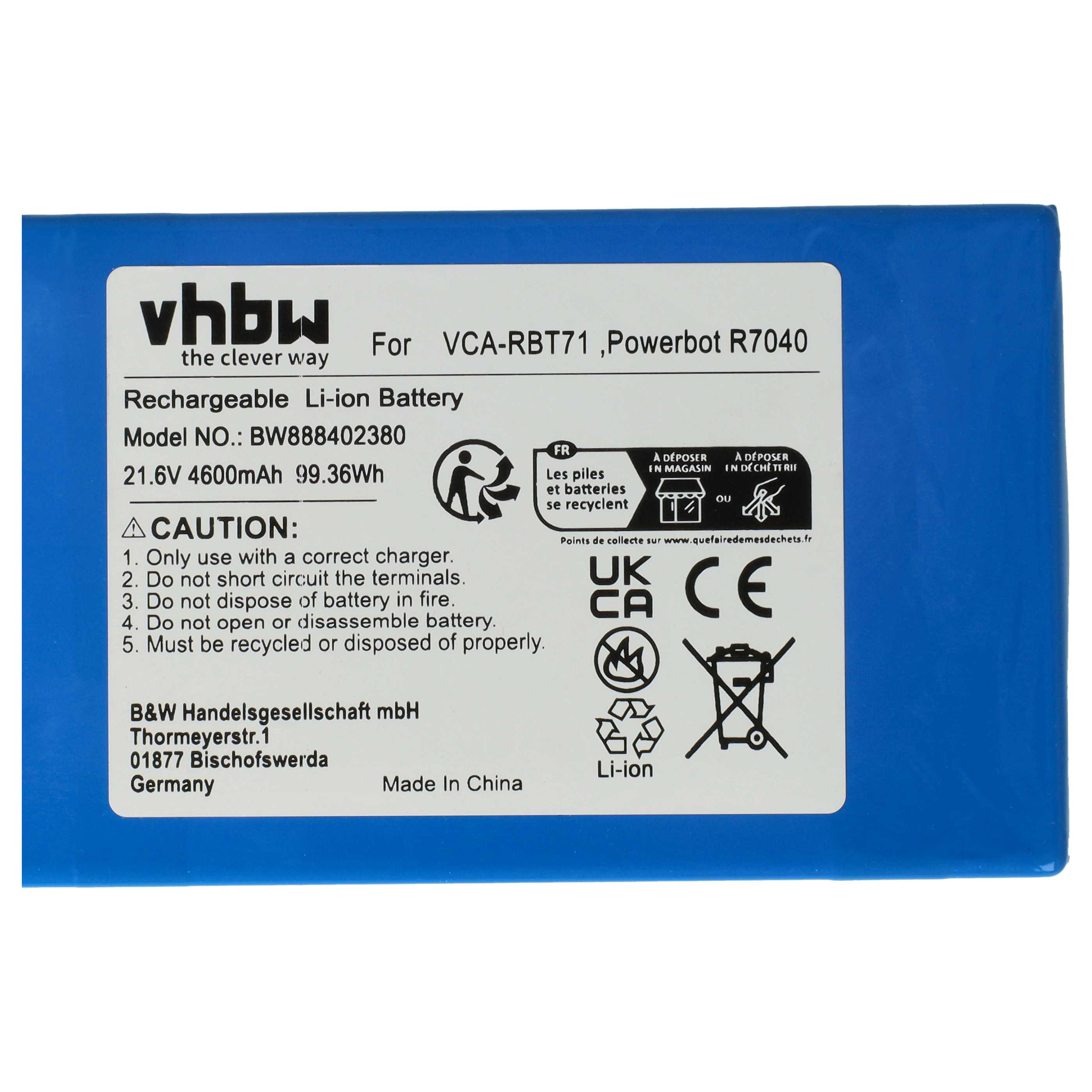 Blaue, rechteckige, wiederaufladbare Batterie. Weißer Text und Symbole auf der Oberfläche.