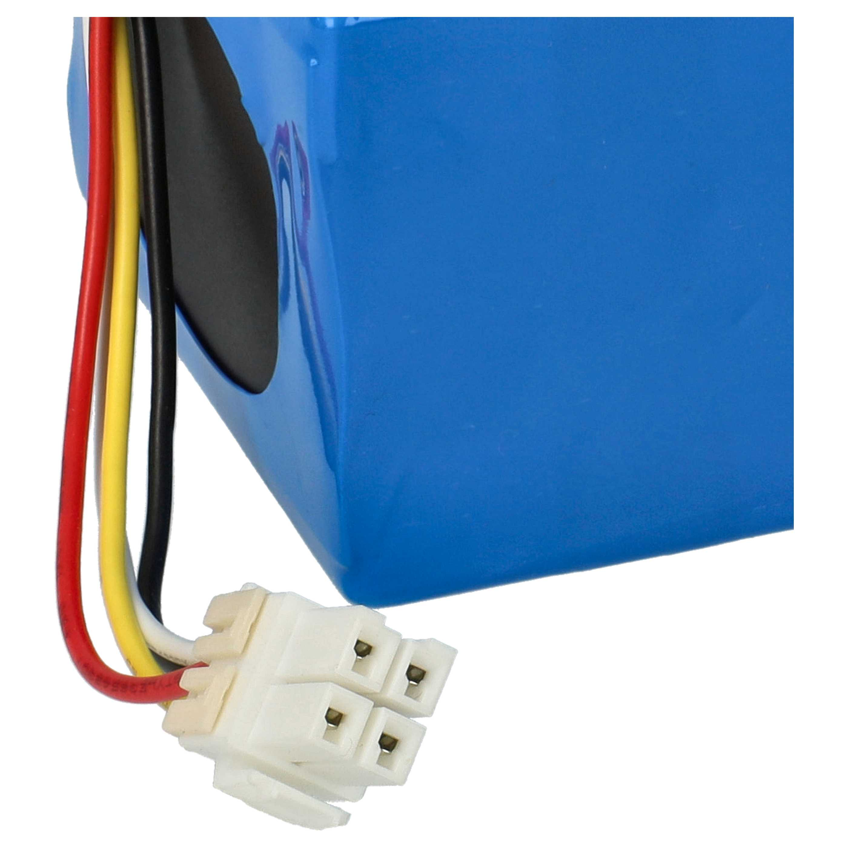 Eine blaue Batterie mit roten, schwarzen, gelben und weißen Drähten, die an einen weißen Stecker angeschlossen sind.